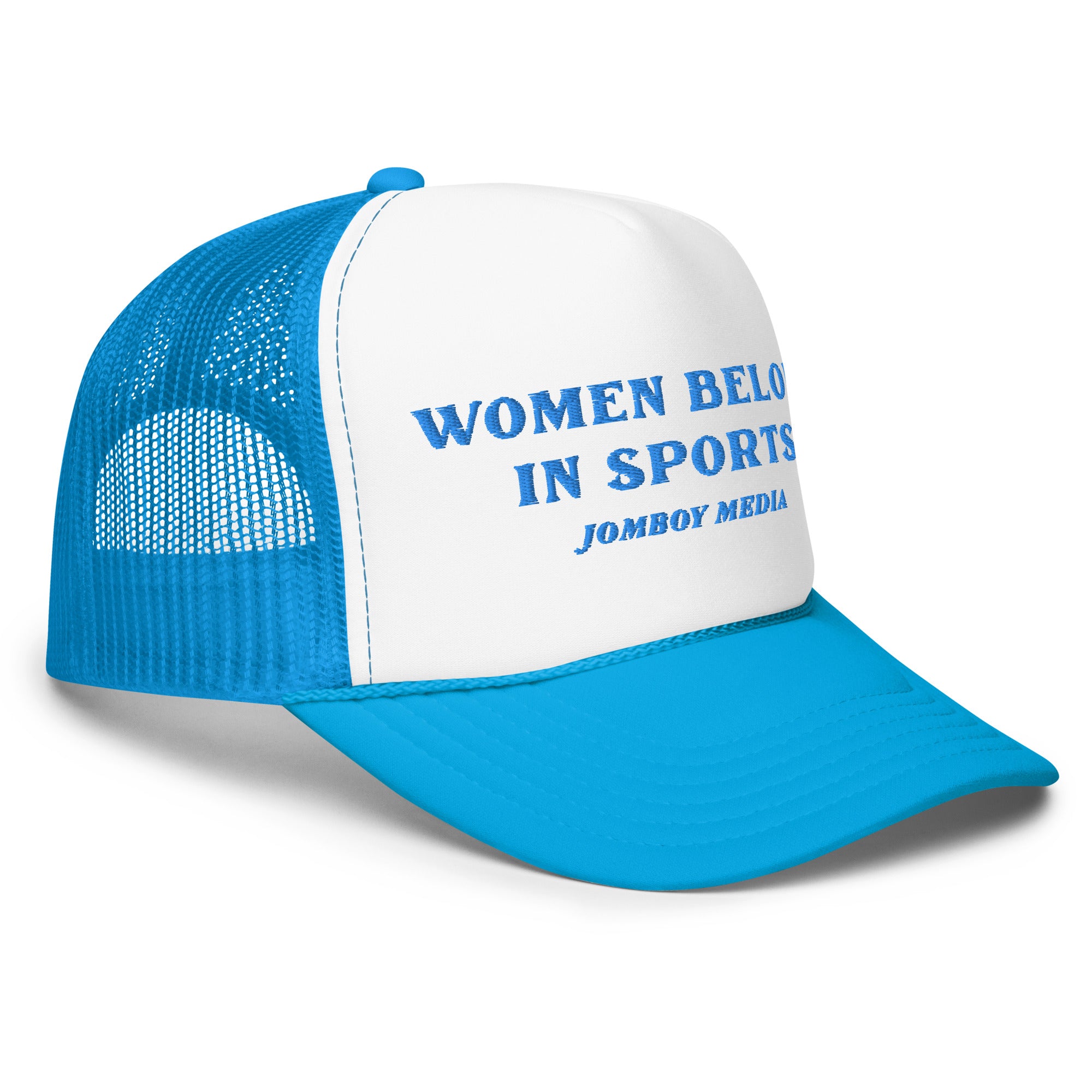 Blue and white trucker hat with "Women Belong in Sports" and "Jomboy Media" embroidered on the front.