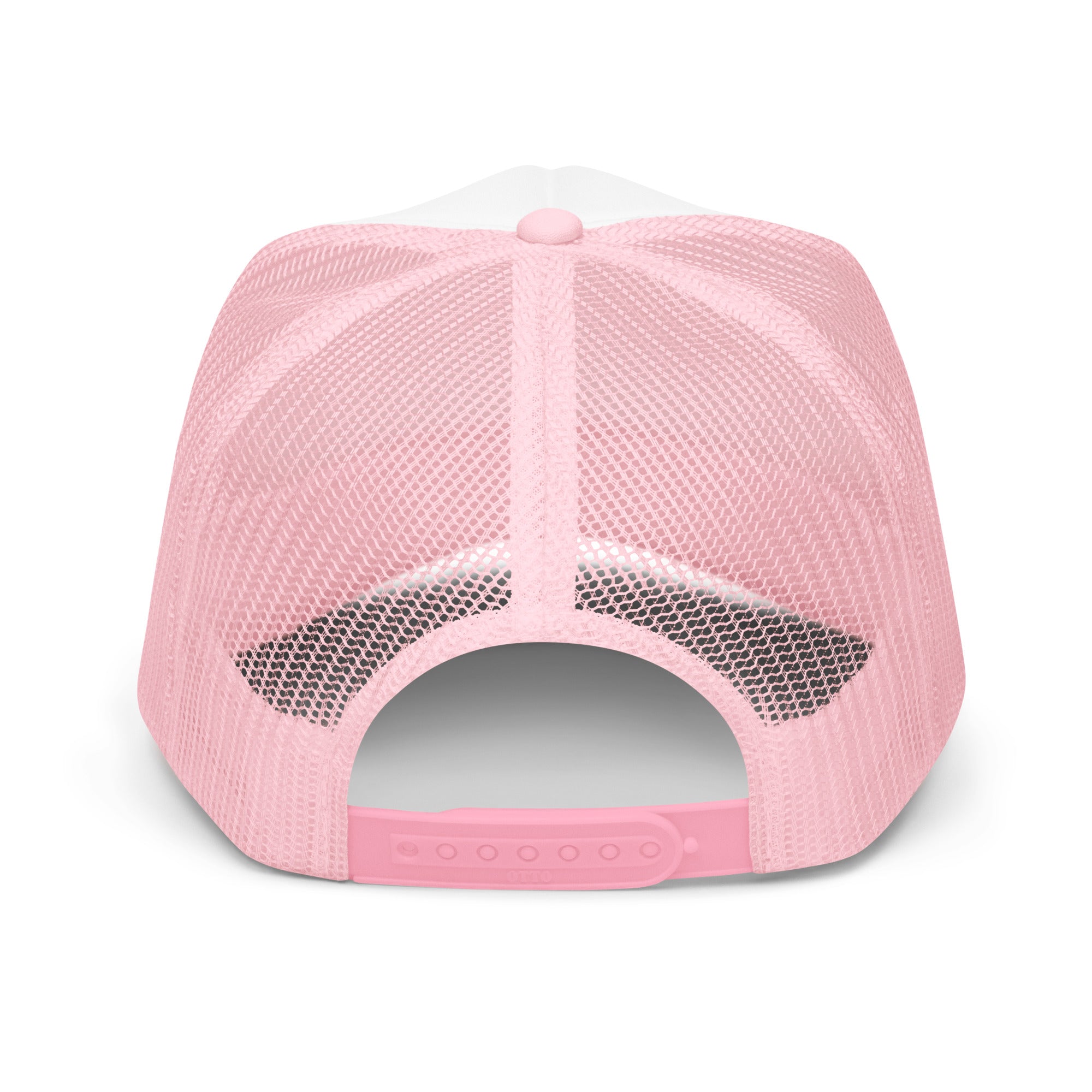 Pink women's trucker hat with mesh back and "Women Belong in Sports" text, adjustable snap closure.