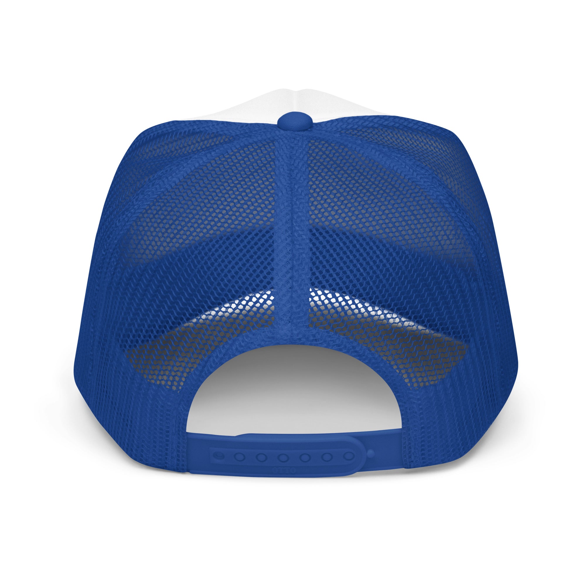 Blue trucker hat with mesh back and adjustable snap closure, featuring the slogan "Women Belong in Sports" on the front.