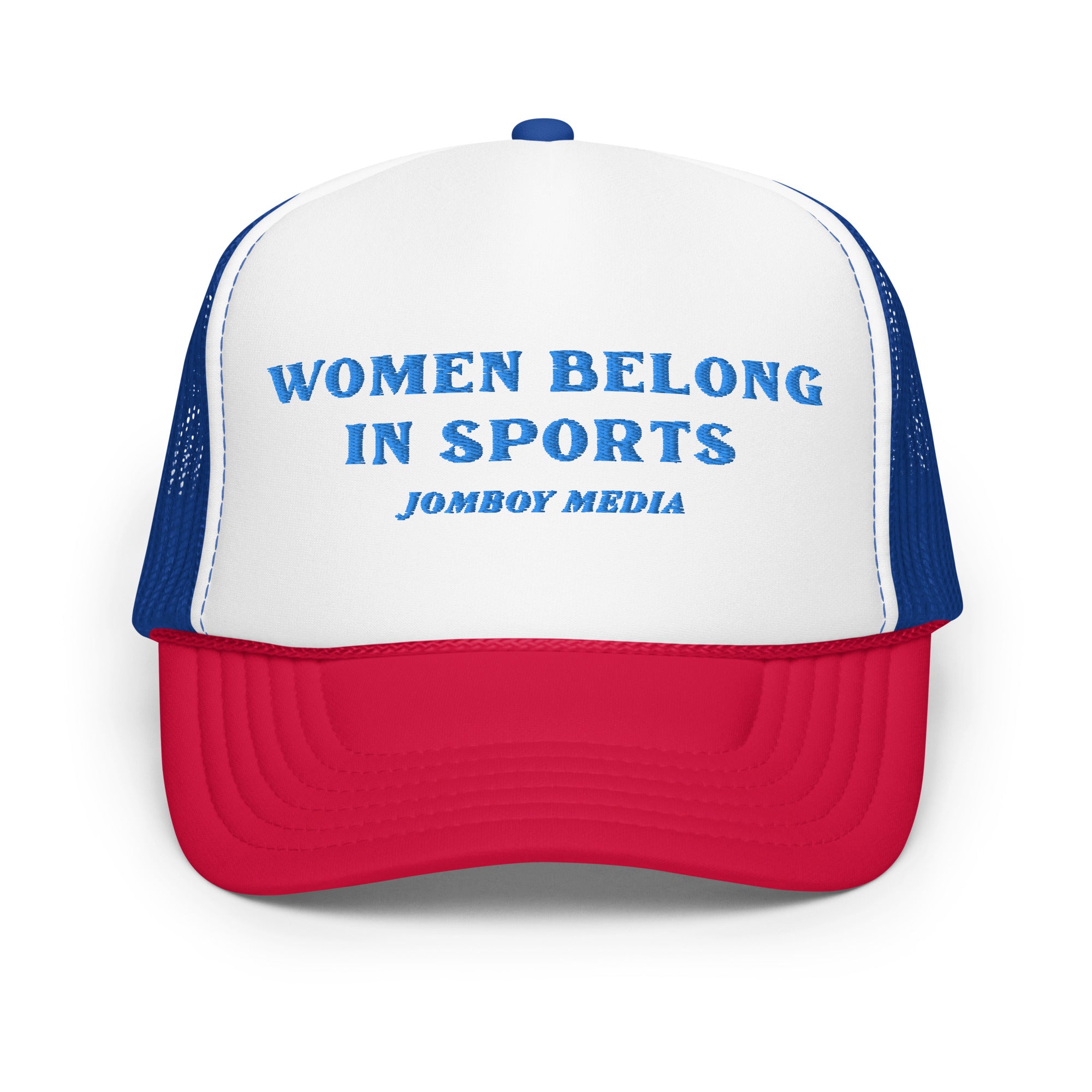 Trucker hat with white front panel, blue mesh sides, red brim, and embroidered text "Women Belong in Sports" in blue.