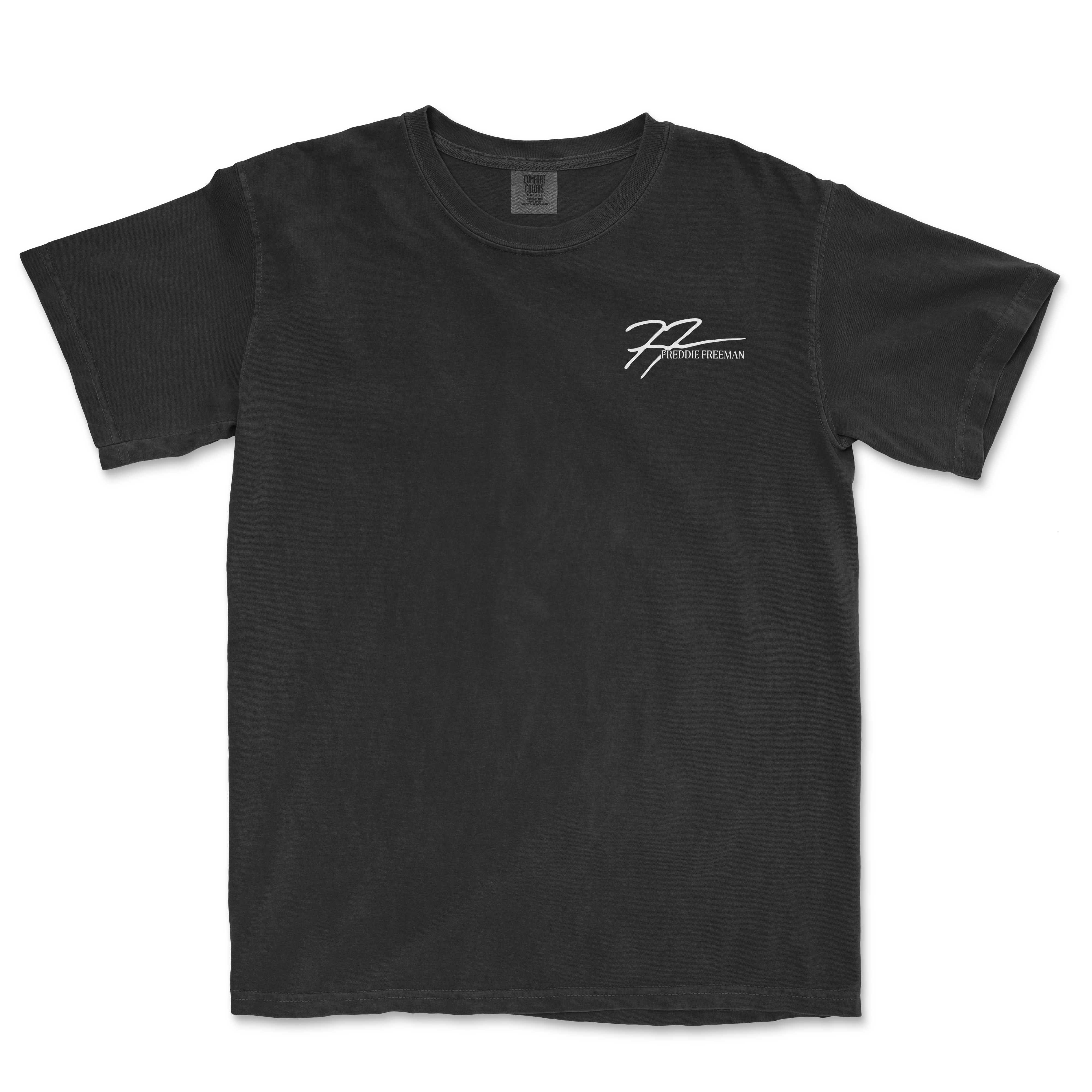 Black t-shirt featuring Freddie Freeman's name and signature in a stylish design, perfect for sports fans.