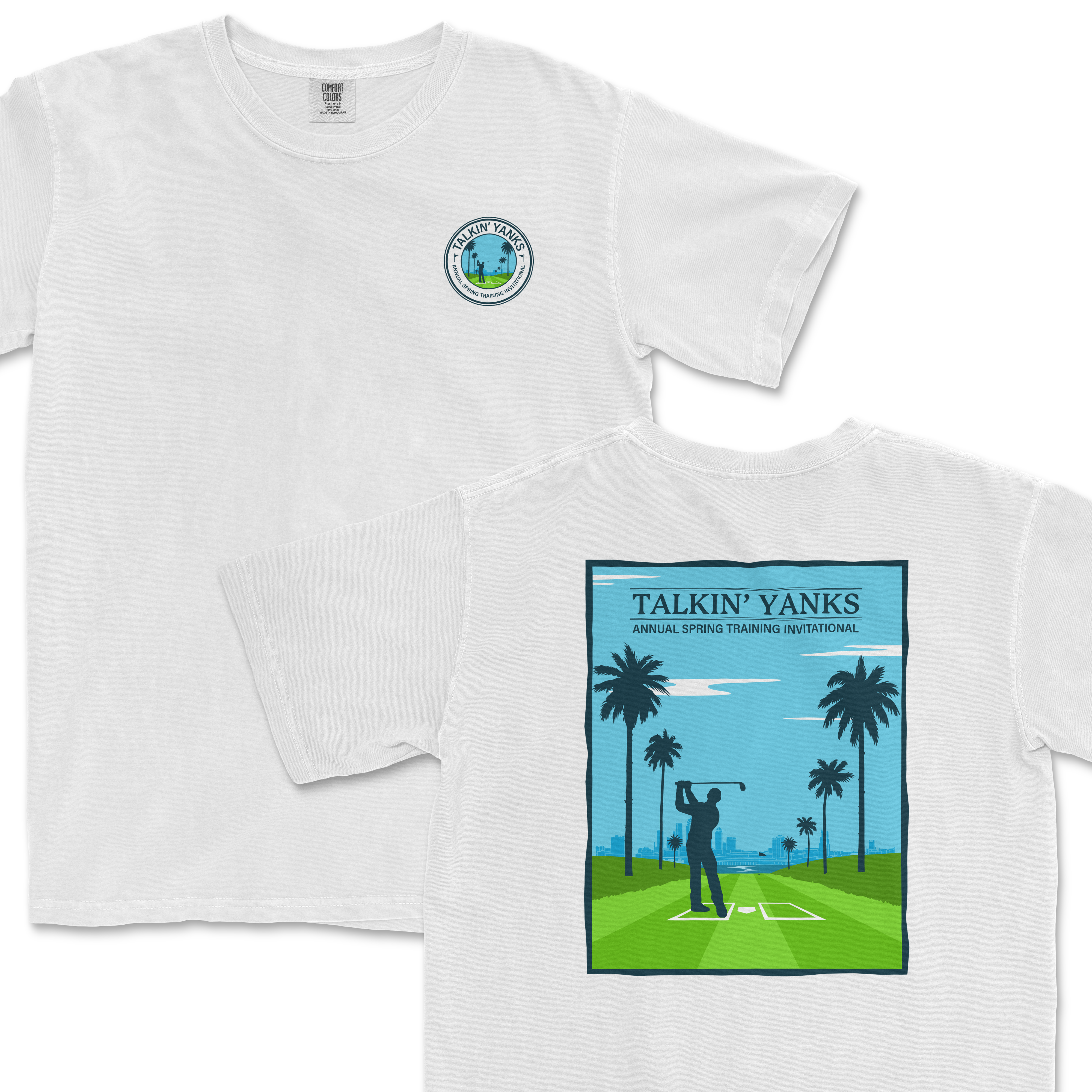 White T-shirt featuring the Talkin' Yanks Annual Spring Training Invitational logo on the front and a graphic of a golfer with palm trees and a city skyline on the back.