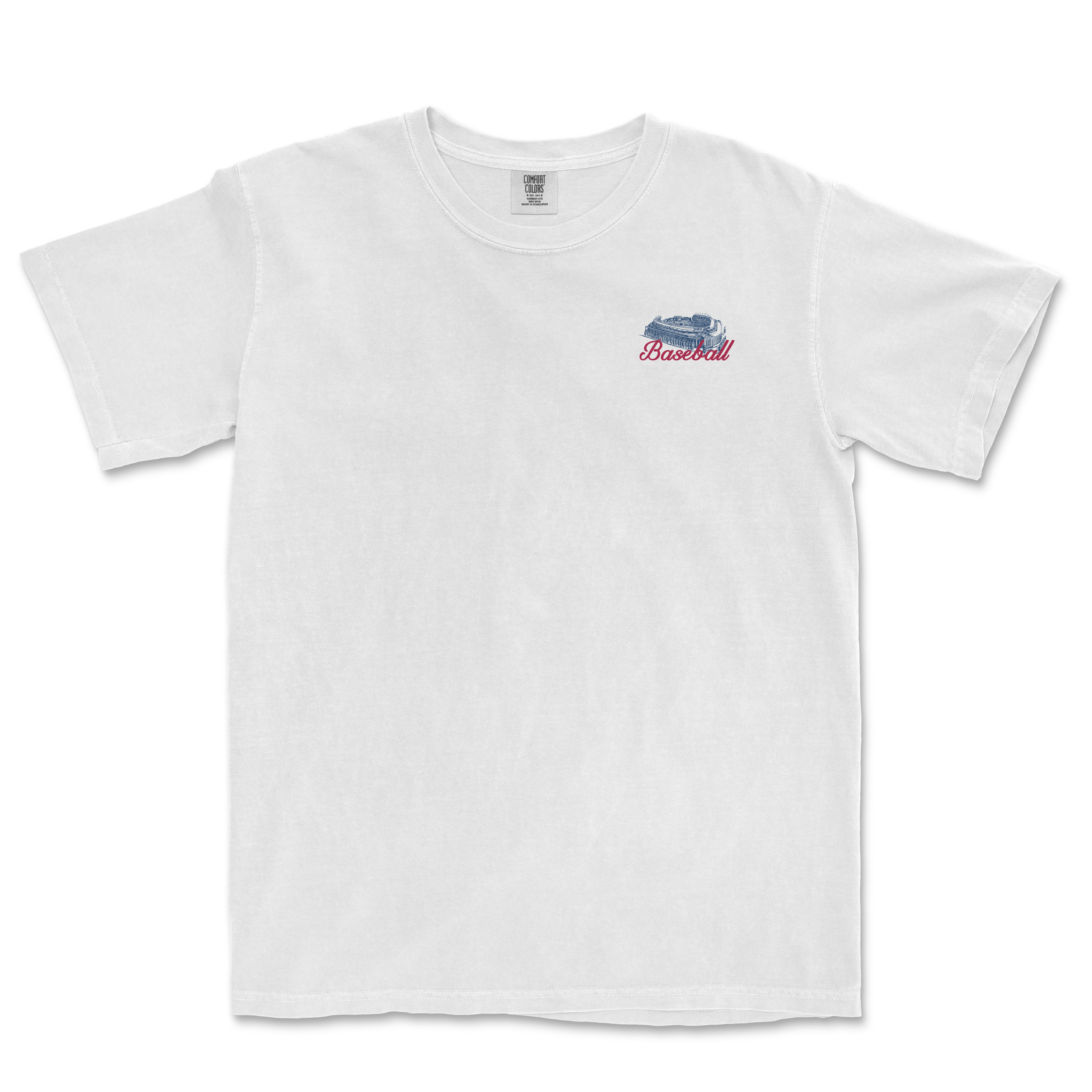 White t-shirt featuring a vintage baseball graphic with "Baseball" text, representing New York's sports culture.