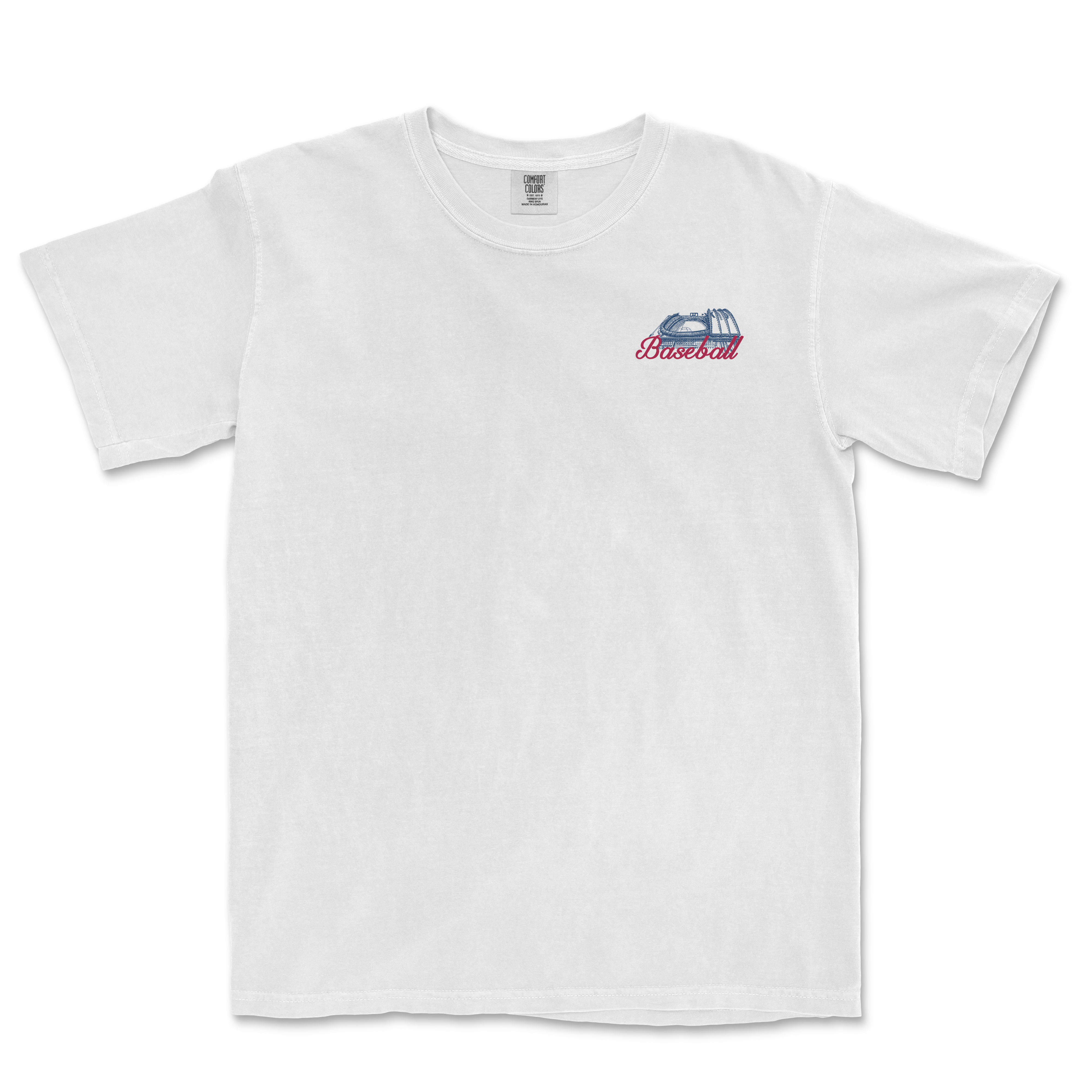 White t-shirt featuring a graphic of a baseball glove and the word "Baseball" in red, celebrating America's pastime.