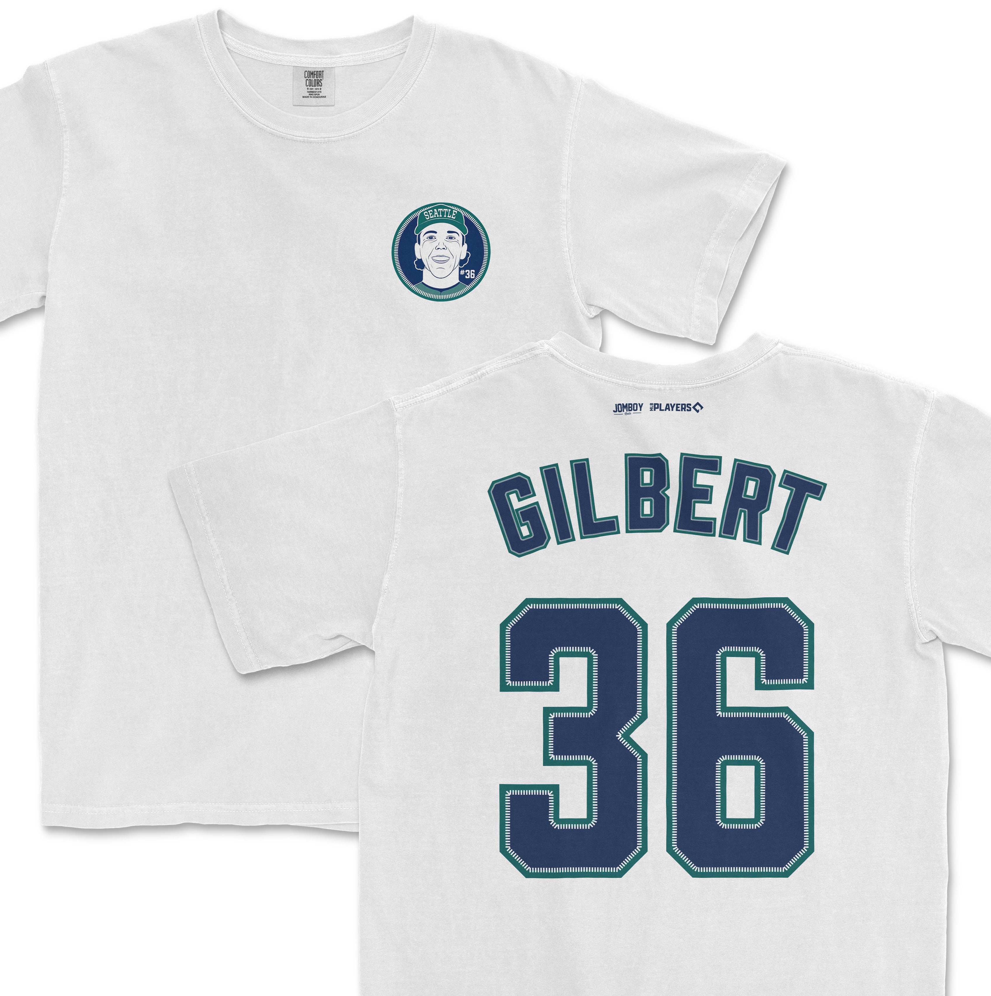 White Comfort Colors tee featuring a Seattle-themed logo on the front and "GILBERT 36" in large blue letters on the back.