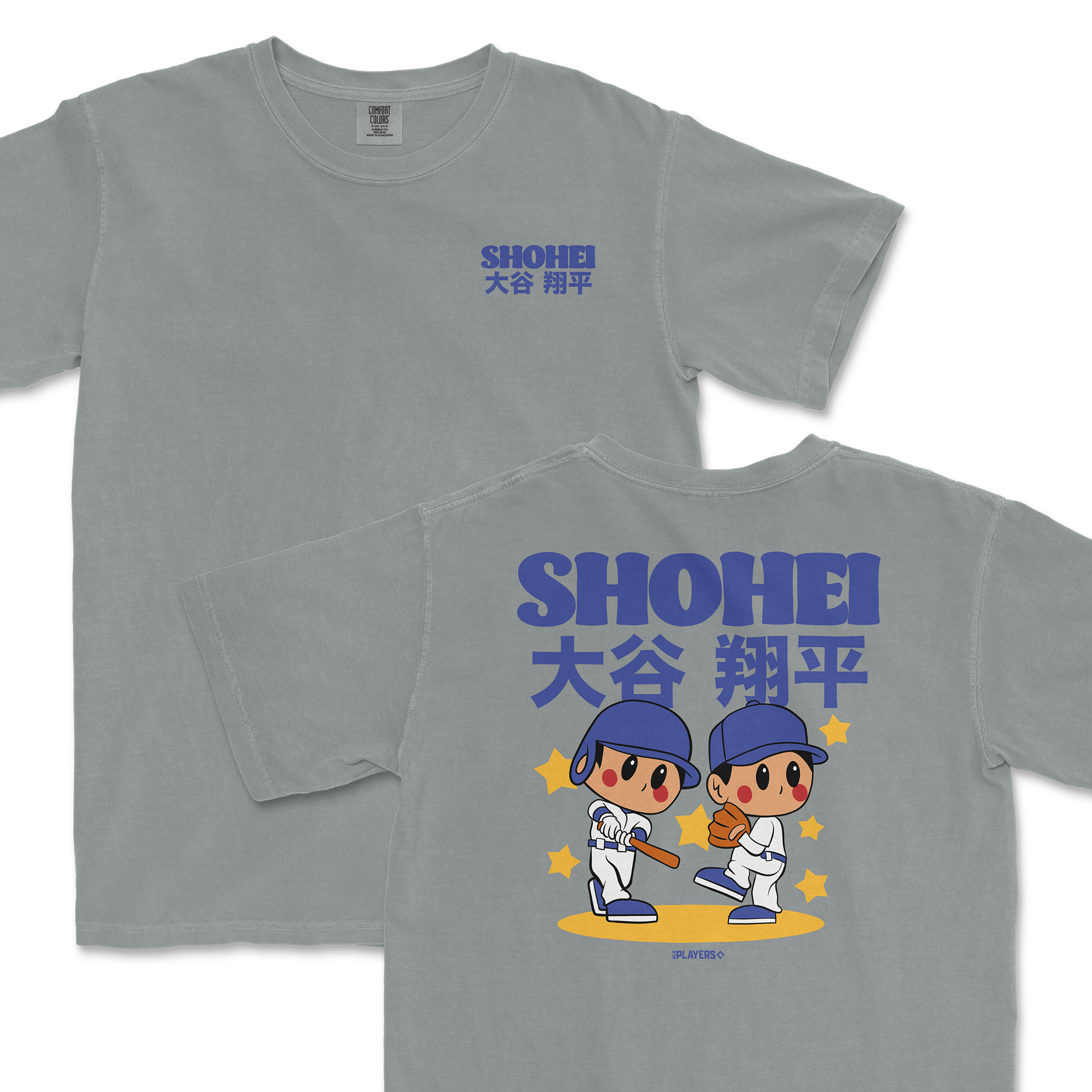 Gray t-shirt featuring a cartoon design of Shohei Ohtani with playful graphics and text on the back.