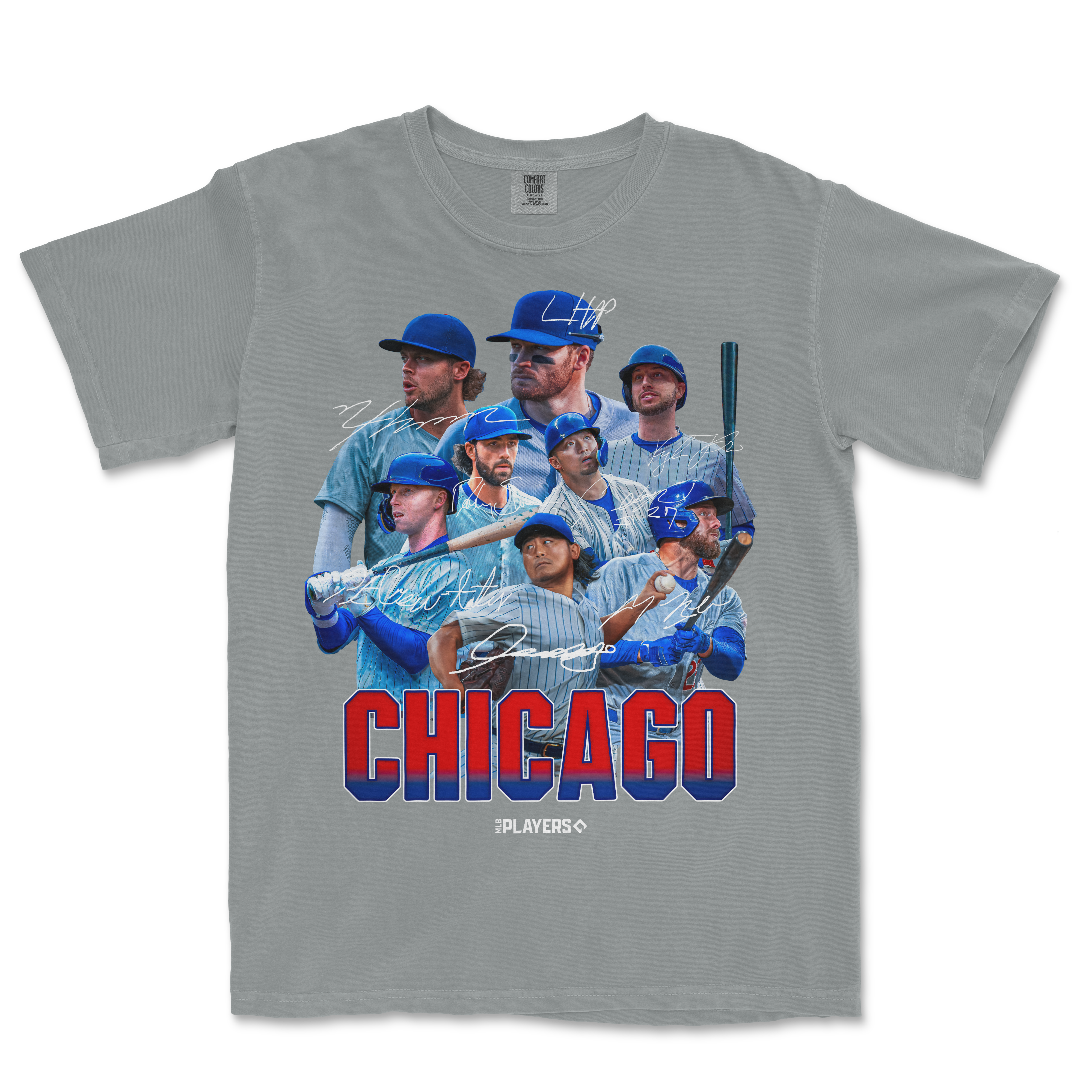 Gray Comfort Colors T-shirt featuring a Chicago baseball team graphic with multiple players, signatures, and bold "CHICAGO" text.