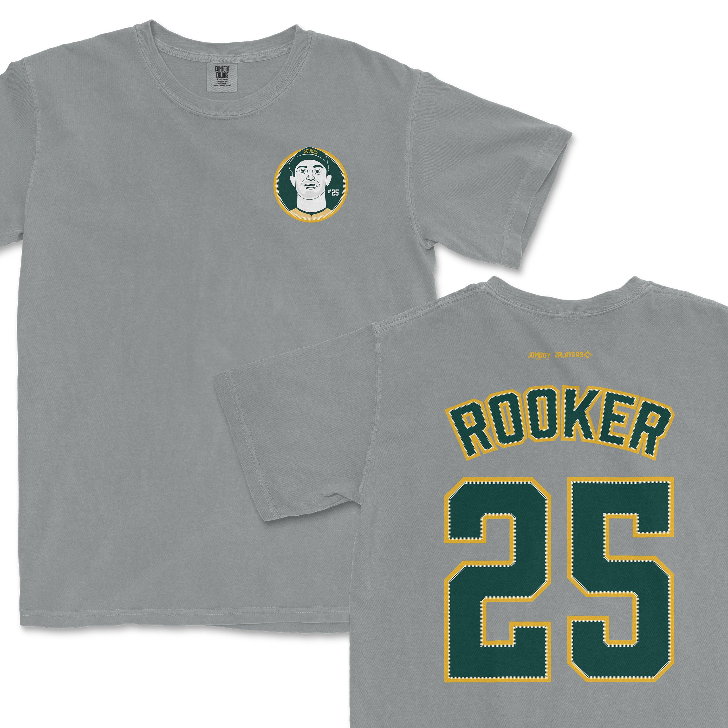 Gray Comfort Colors T-shirt featuring a Brent Rooker graphic with his face, jersey number 25 on the front and "ROOKER 25" on the back.