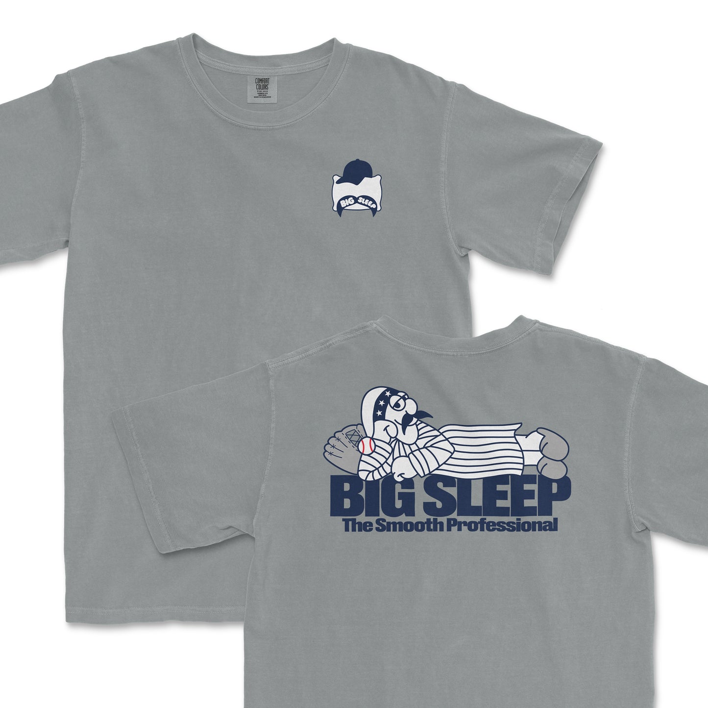 Gray t-shirt featuring a cartoon of Trent Grisham on the back with the text "BIG SLEEP The Smooth Professional" and a smaller graphic on the front.