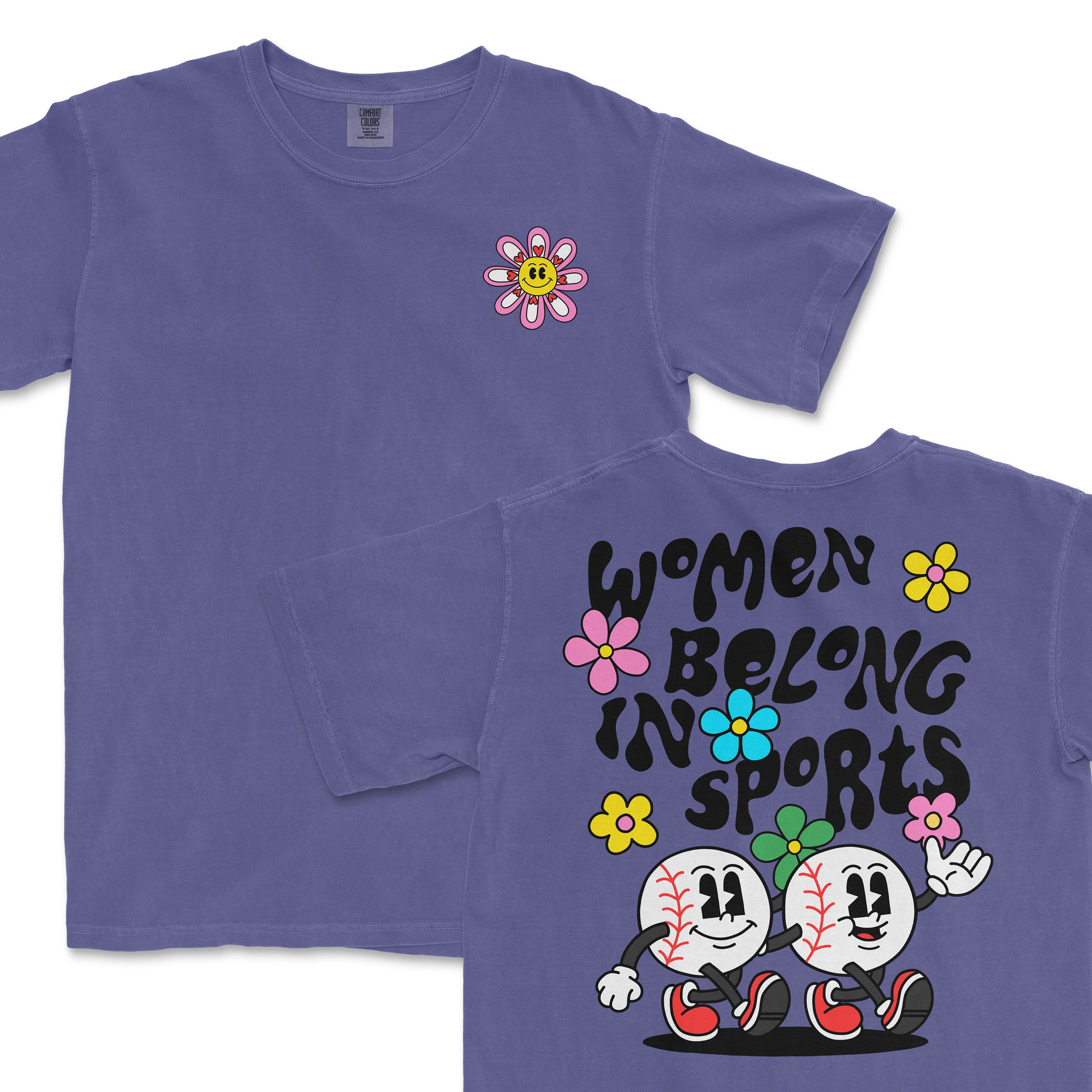 Purple T-shirt featuring a smiling flower graphic on the front and playful "Women Belong in Sports" design with animated baseball characters on the back.