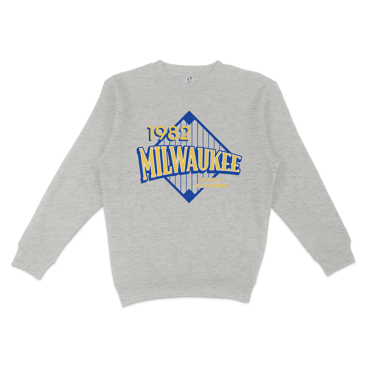 Gray crewneck sweatshirt featuring a vintage Milwaukee 1982 league champions graphic with blue and yellow text and a stylized bridge design.