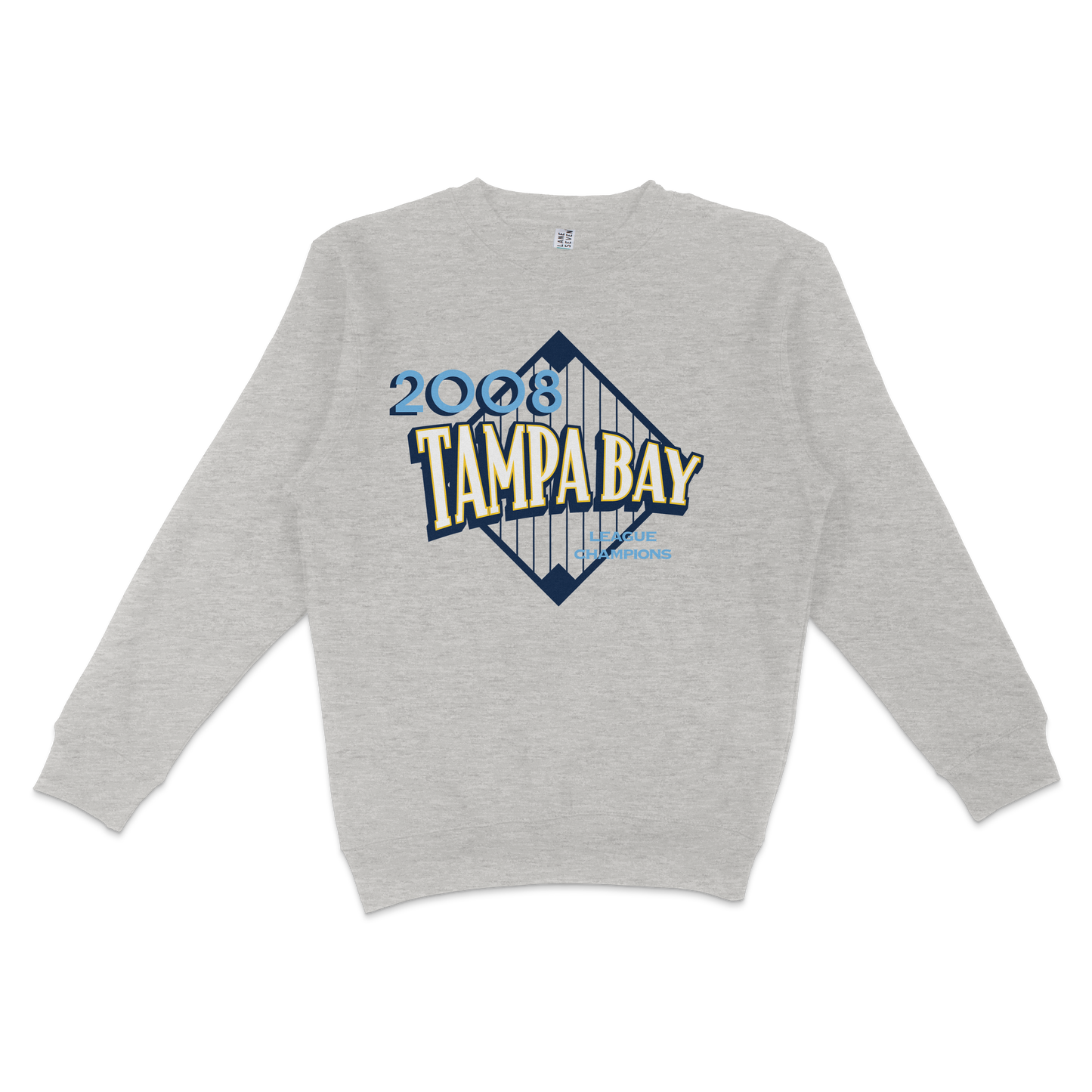 Gray crewneck sweatshirt featuring "2008 Tampa Bay League Champions" graphic with a baseball diamond design.