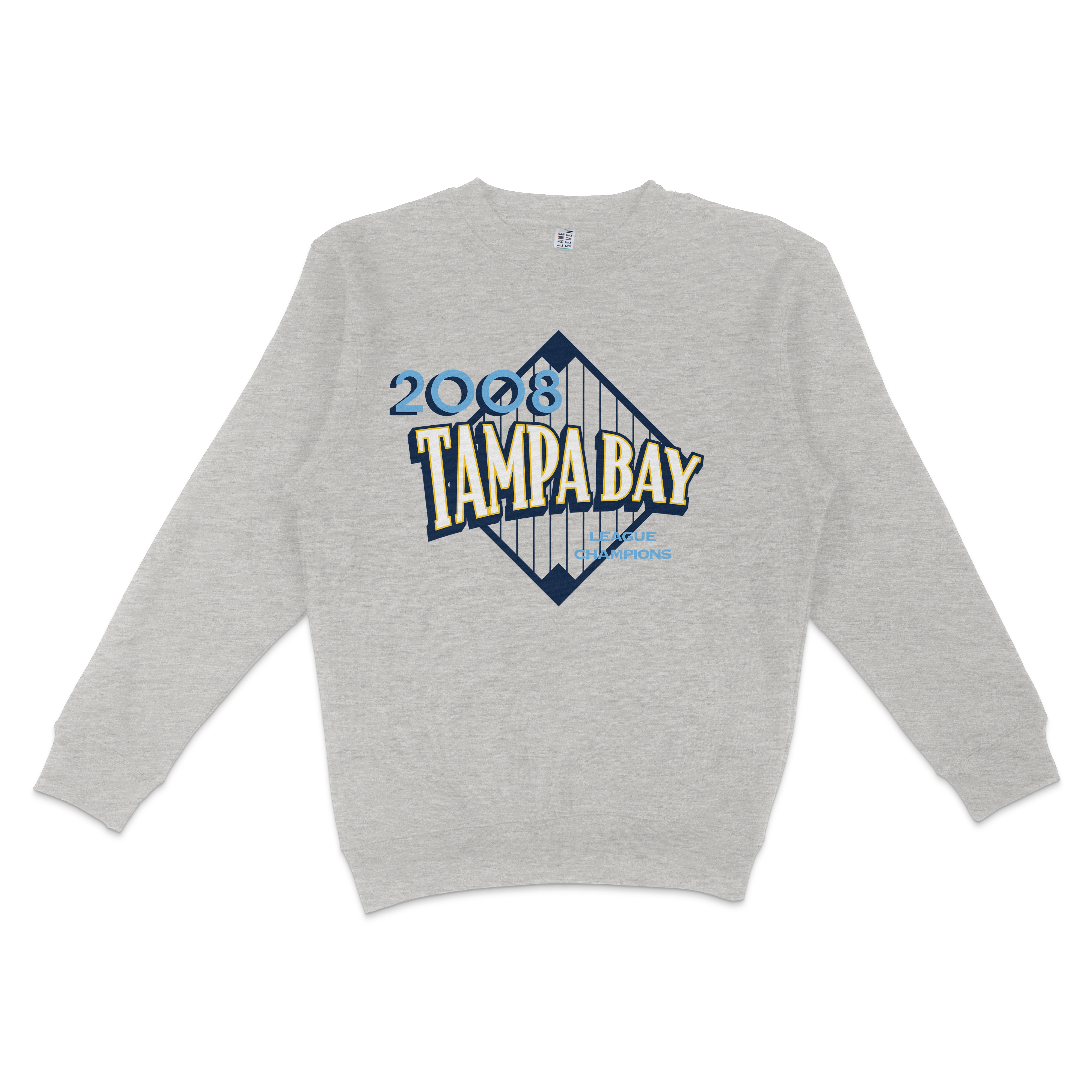 Gray crewneck sweatshirt featuring "2008 Tampa Bay League Champions" graphic with a baseball diamond design.