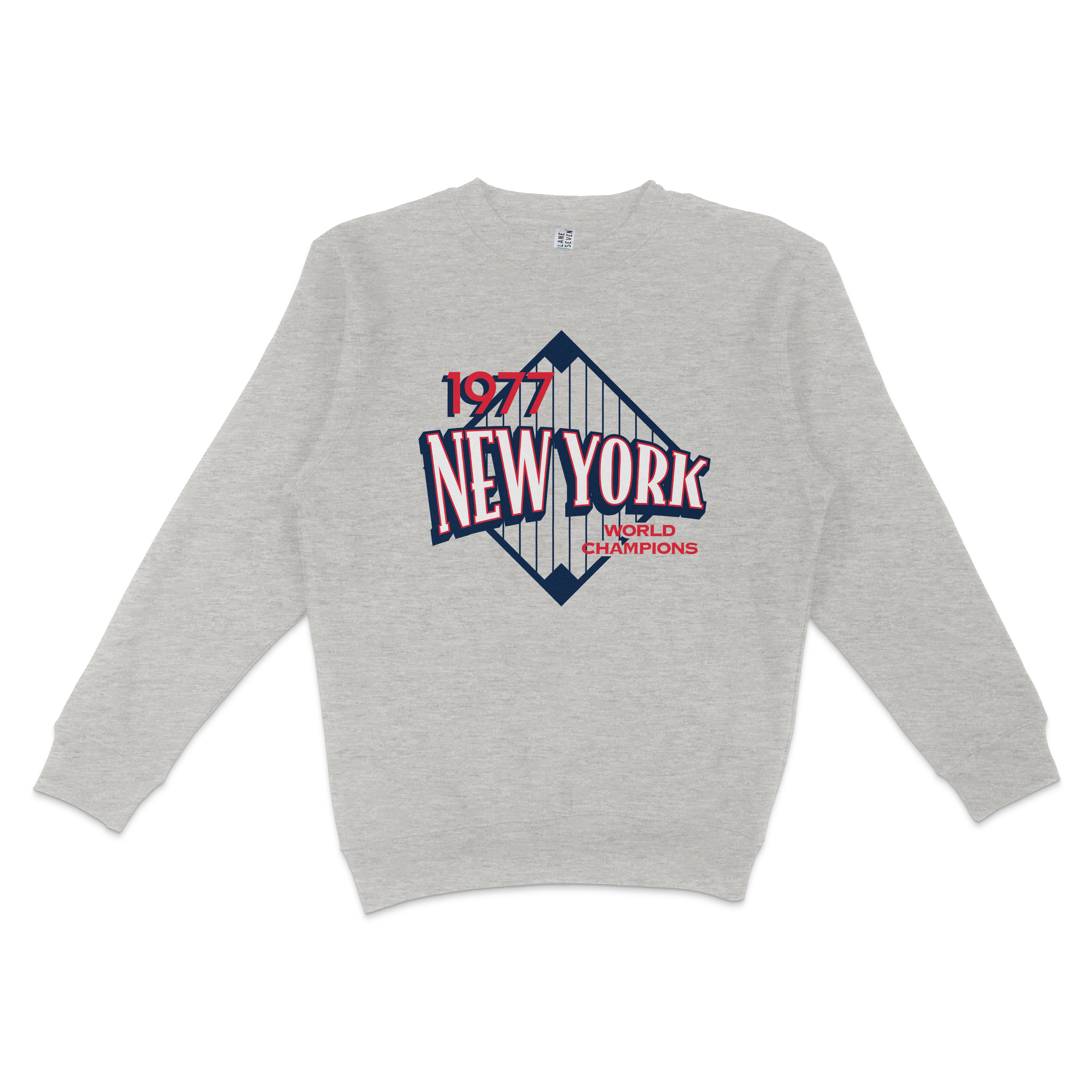 Gray crewneck sweatshirt featuring a vintage New York Yankees design with "1977" and "World Champions" text.