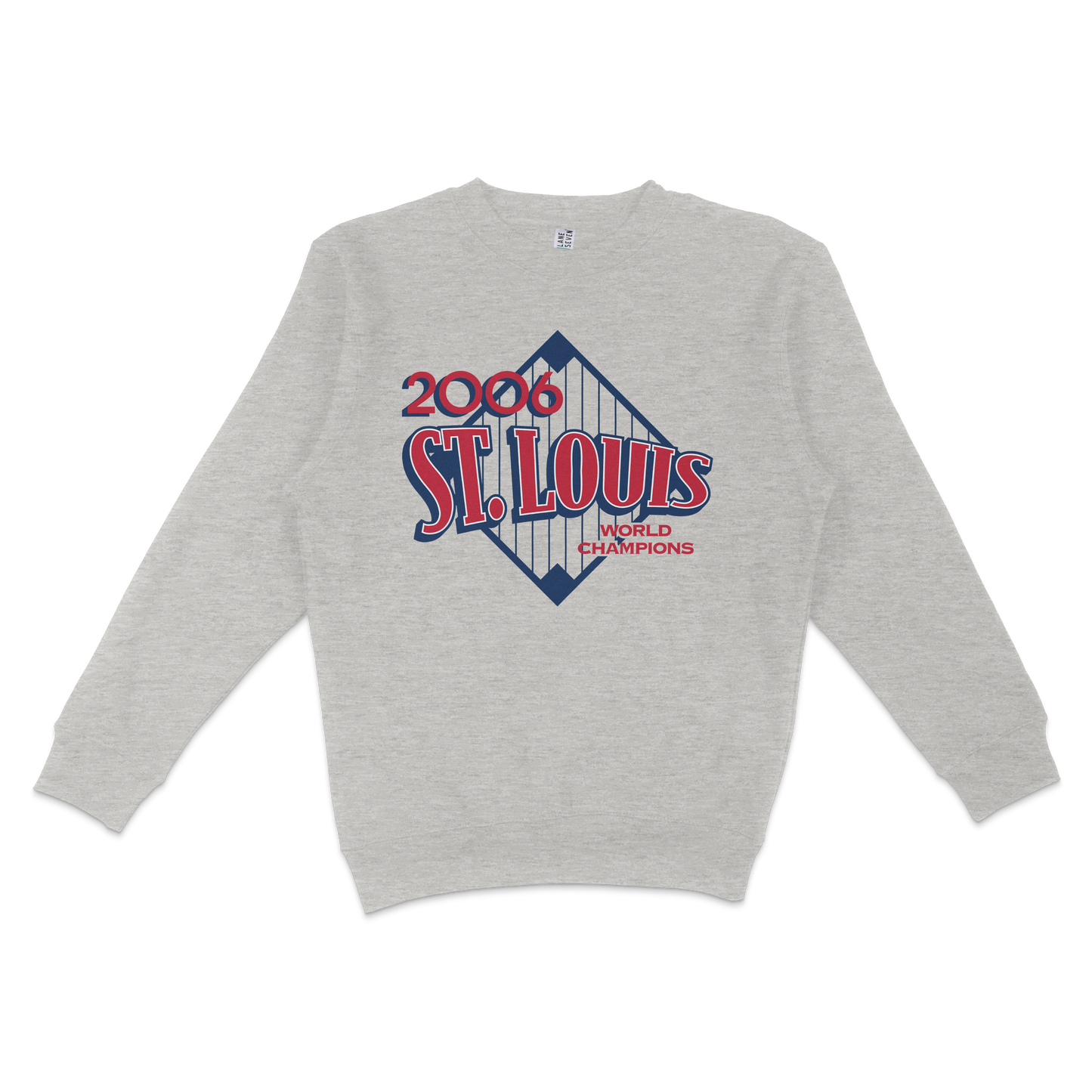 Gray crewneck sweatshirt featuring a vintage St. Louis 2006 World Champions logo with red, white, and blue design elements.