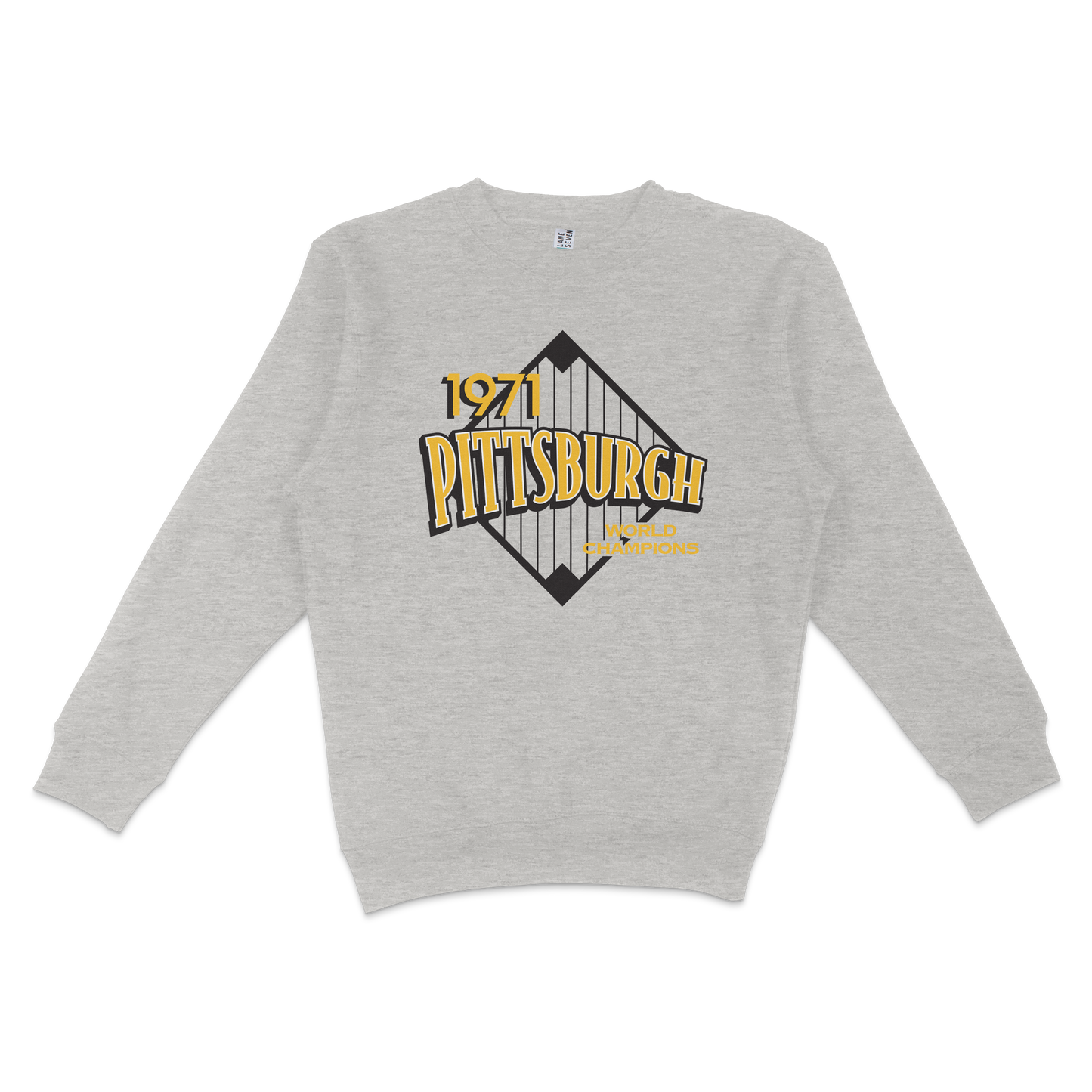 Gray crewneck sweatshirt featuring a vintage Pittsburgh 1971 World Champions graphic with a diamond-shaped design.