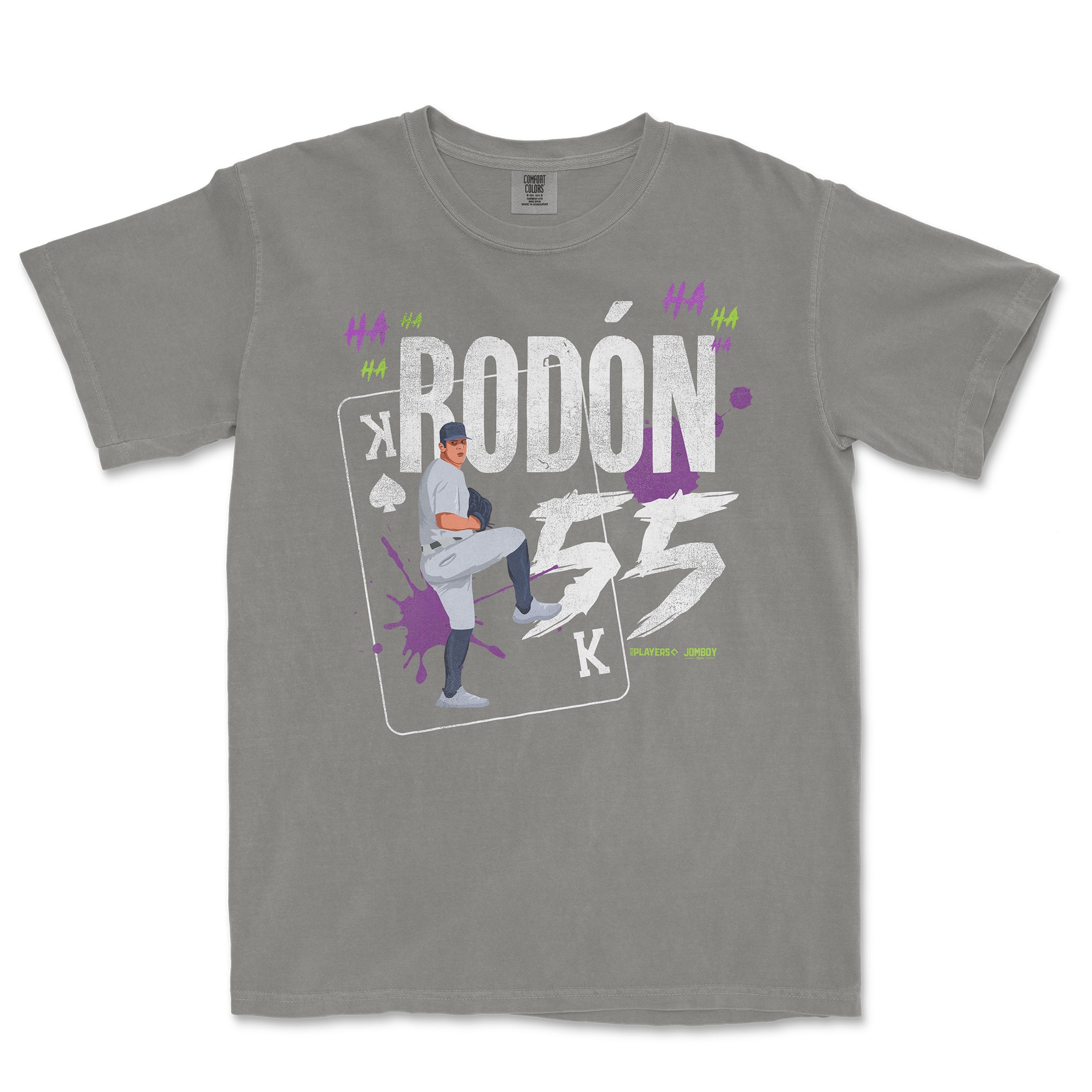 Gray Comfort Colors T-shirt featuring a graphic design of a baseball player with "RODON 55" and colorful "HA HA" text elements.
