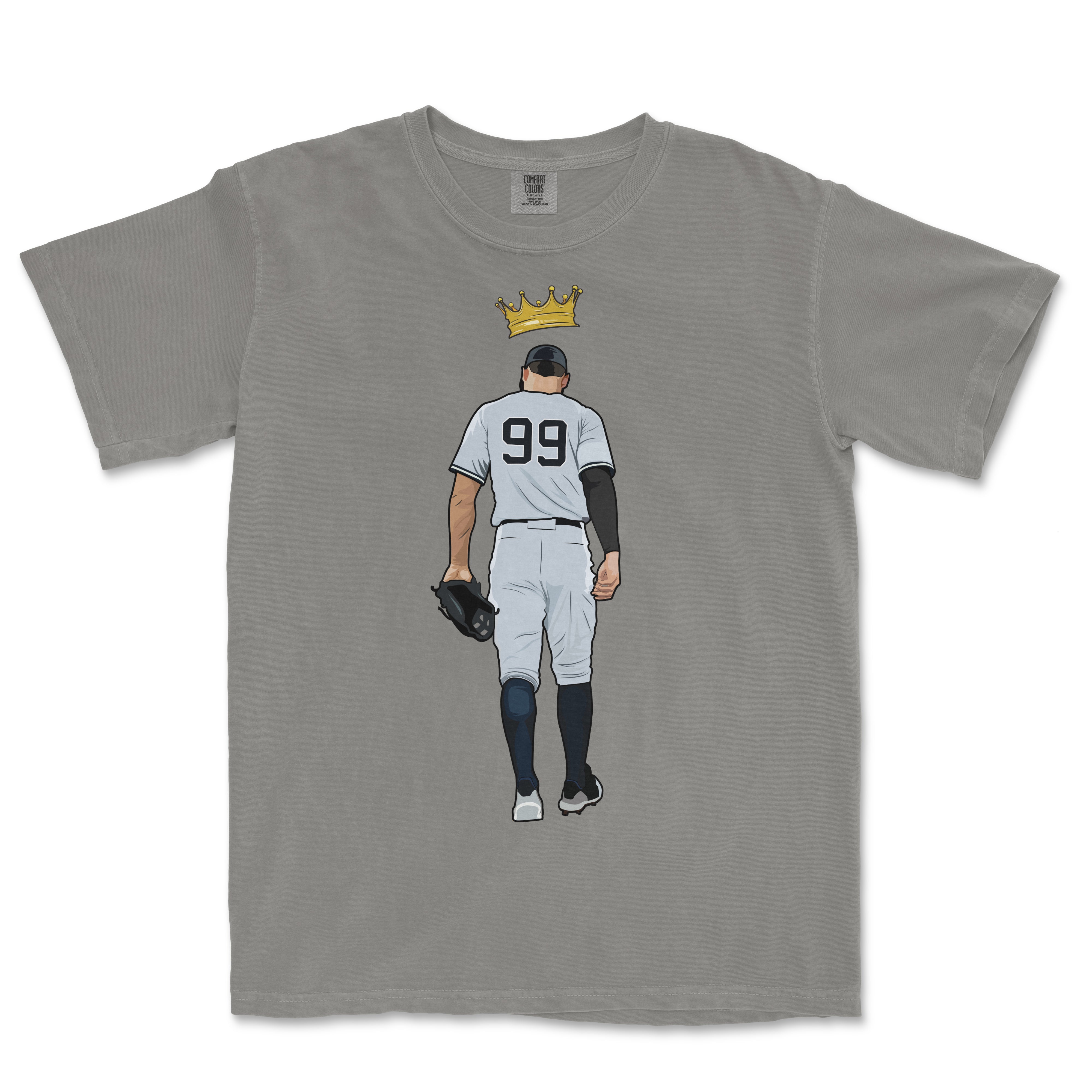 Gray Comfort Colors T-shirt featuring a graphic of a baseball player with the number 99 and a gold crown above his head.