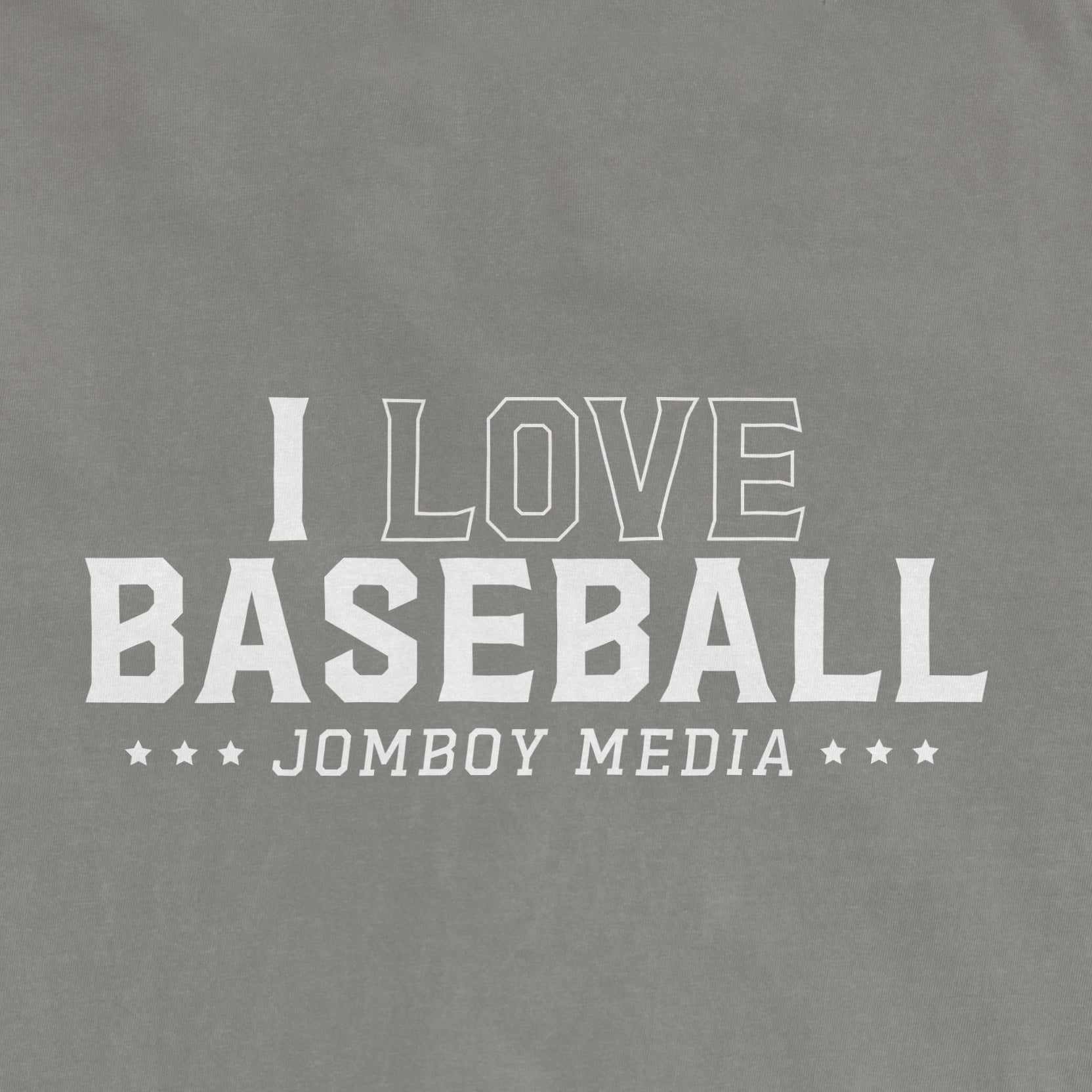 Gray vintage T-shirt with white text that reads "I LOVE BASEBALL" and "JOMBOY MEDIA," featuring star accents below.