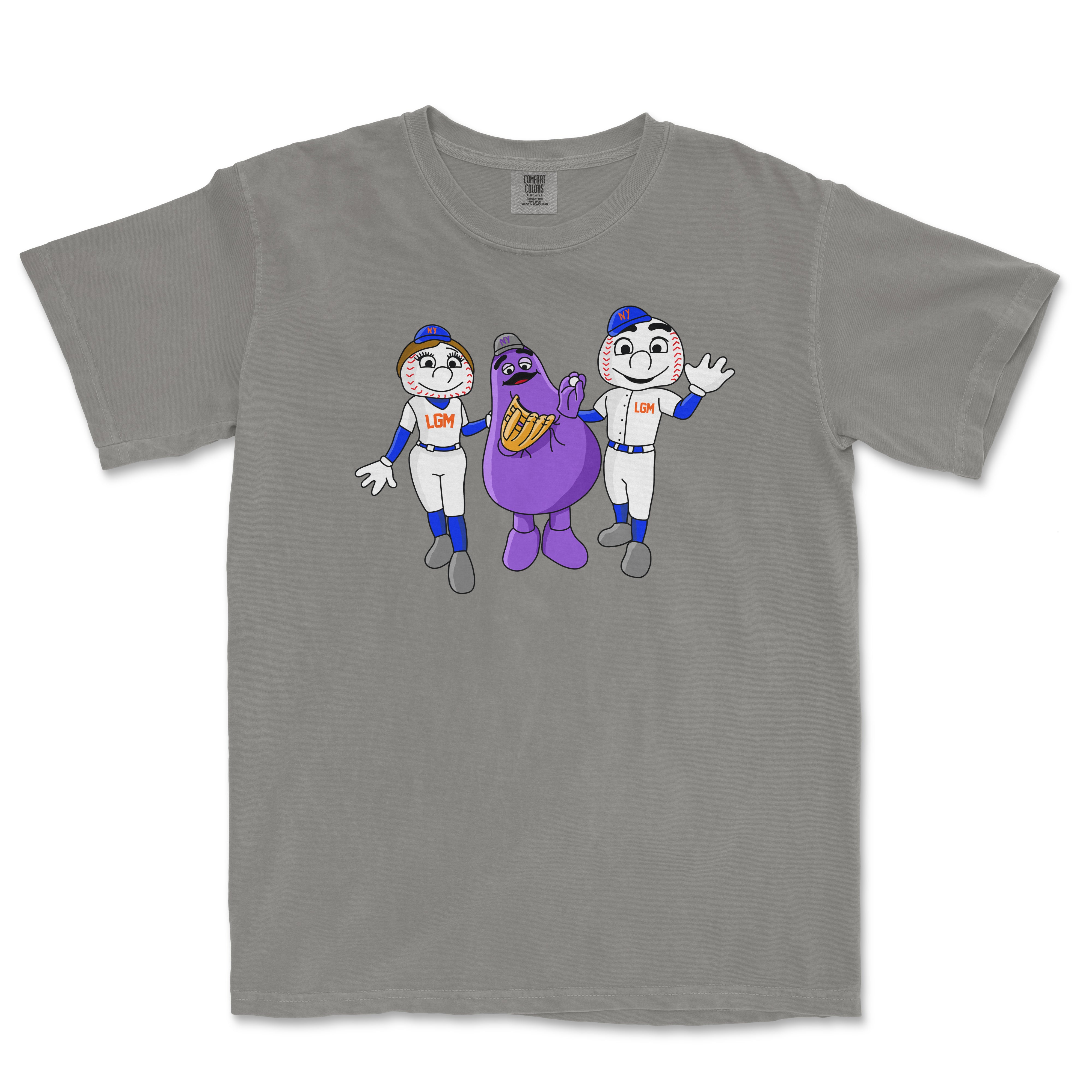 Gray Comfort Colors T-shirt featuring cartoon baseball characters and a purple mascot, all wearing blue caps with "NY" logos.