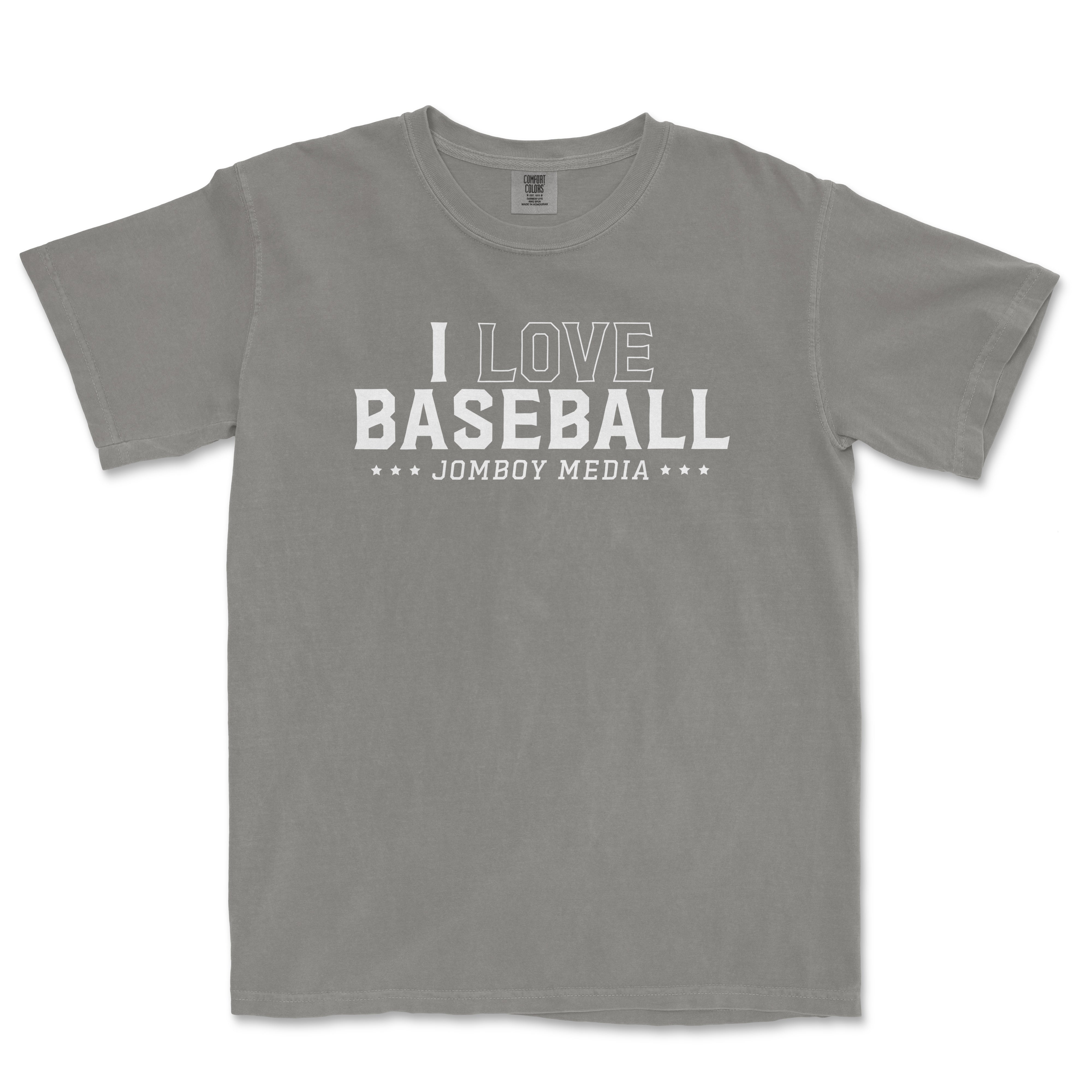 Gray vintage Comfort Colors T-shirt with white "I Love Baseball" and "Jombo Media" text and star accents.