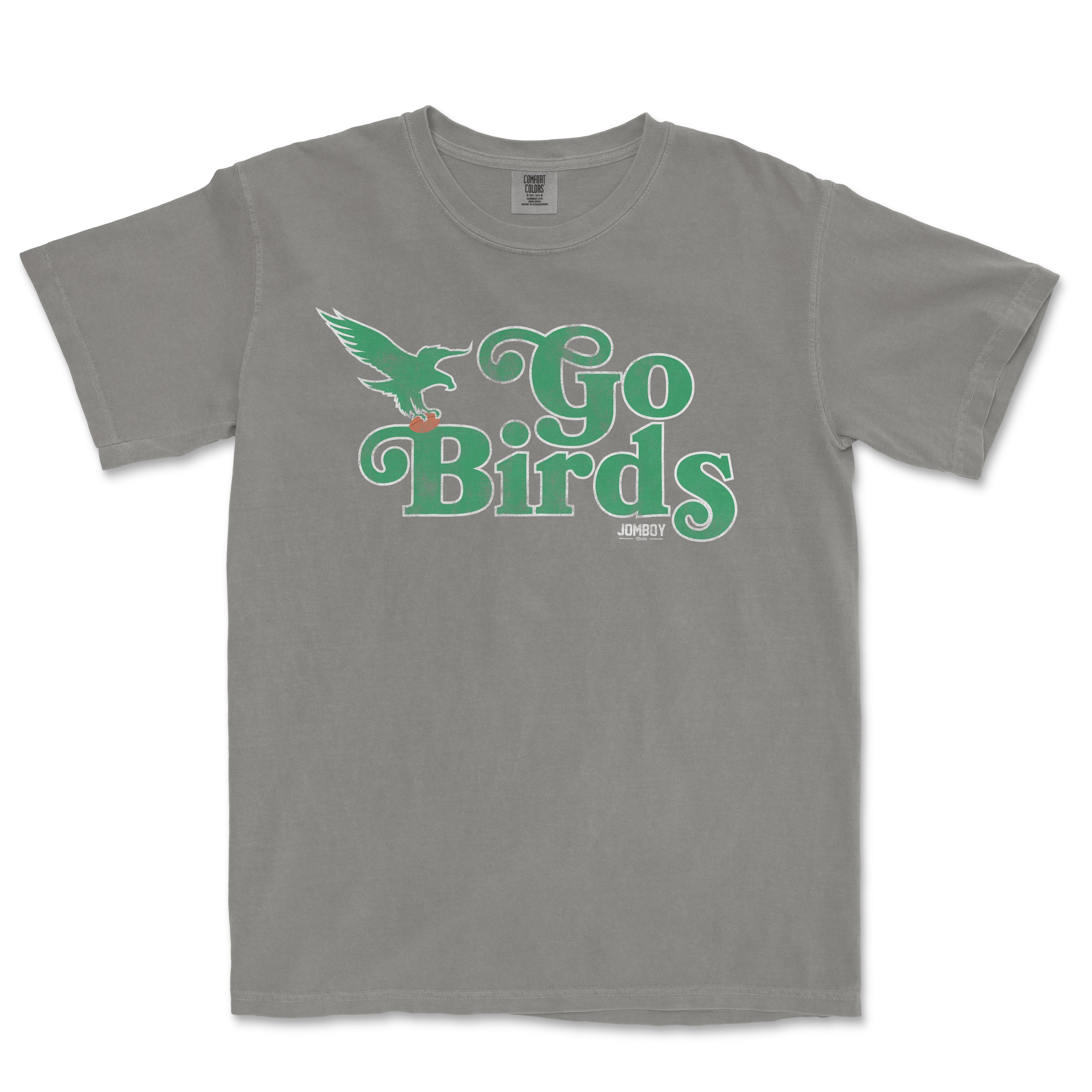 Gray Comfort Colors® vintage tee featuring a green and white "Go Birds" slogan with a flying eagle graphic.