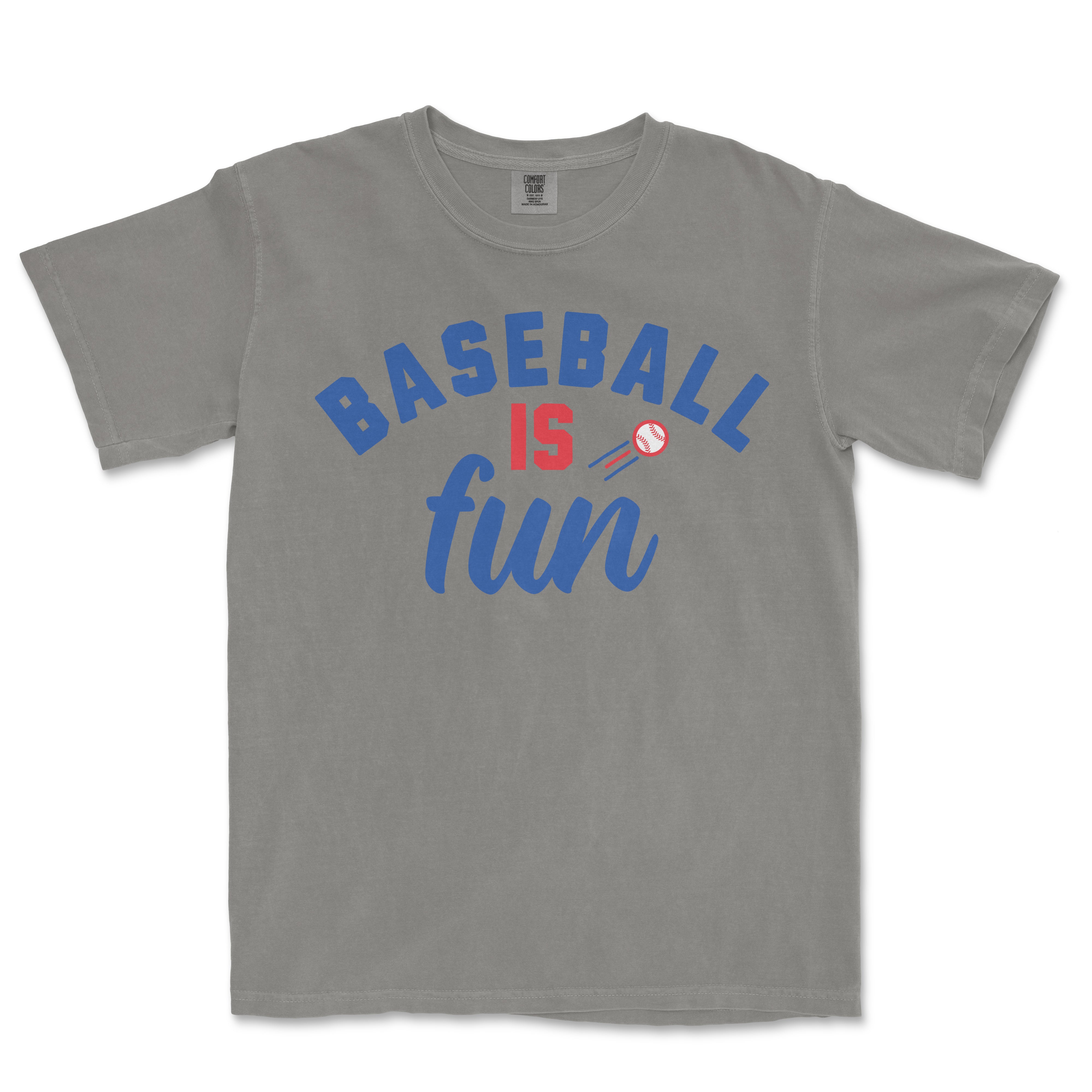 Gray Comfort Colors® vintage tee with blue and red text reading "Baseball is fun" and a small baseball graphic.