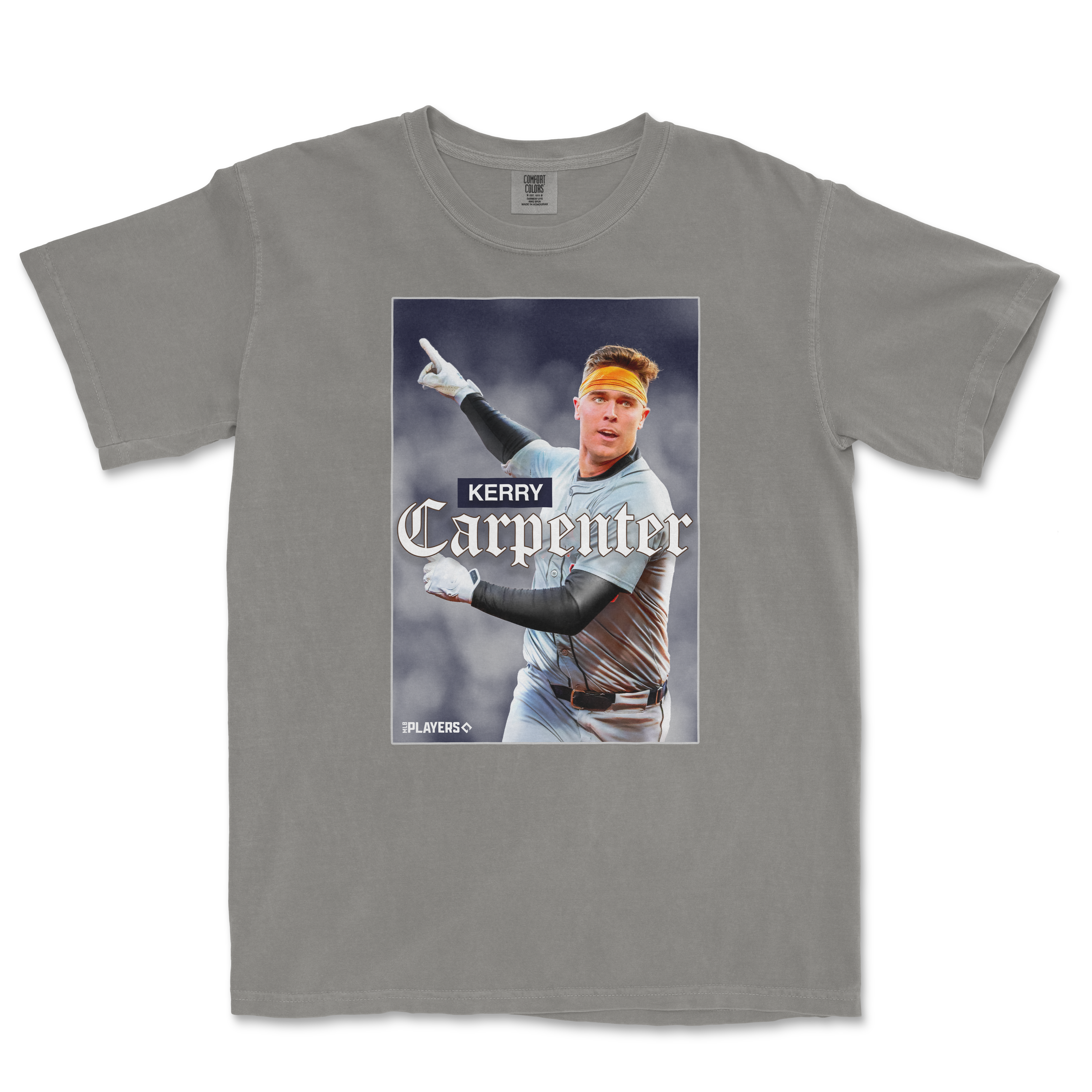 Gray Comfort Colors T-shirt featuring a graphic of Kerry Carpenter in a baseball uniform, pointing, with his name and logo.