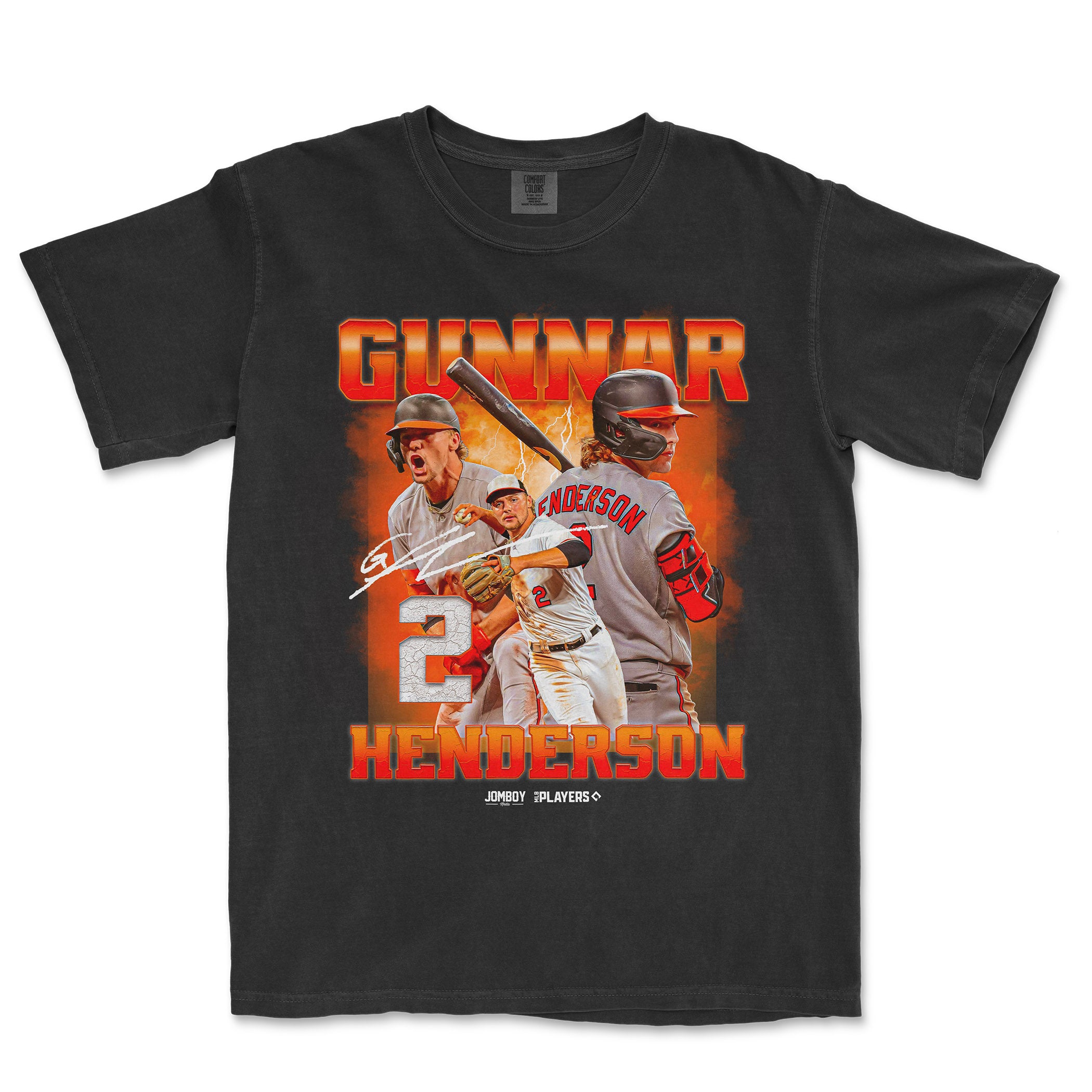 Black Comfort Colors T-shirt featuring Gunnar Henderson baseball images, bold red text, and his signature, celebrating his signature series.