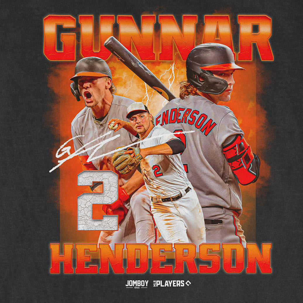 Gunnar Henderson Signature Series Comfort Colors T-shirt featuring multiple images of Gunnar Henderson in baseball action, with bold orange and red text.