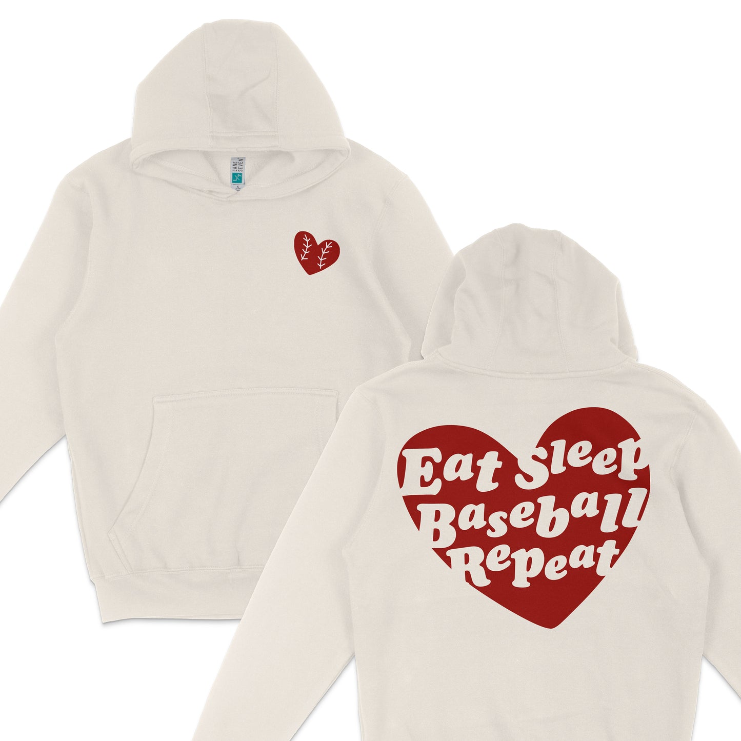 White hoodie with a small red heart and baseball stitch design on the front, and a large heart-shaped graphic on the back with "Eat Sleep Baseball Repeat" text.