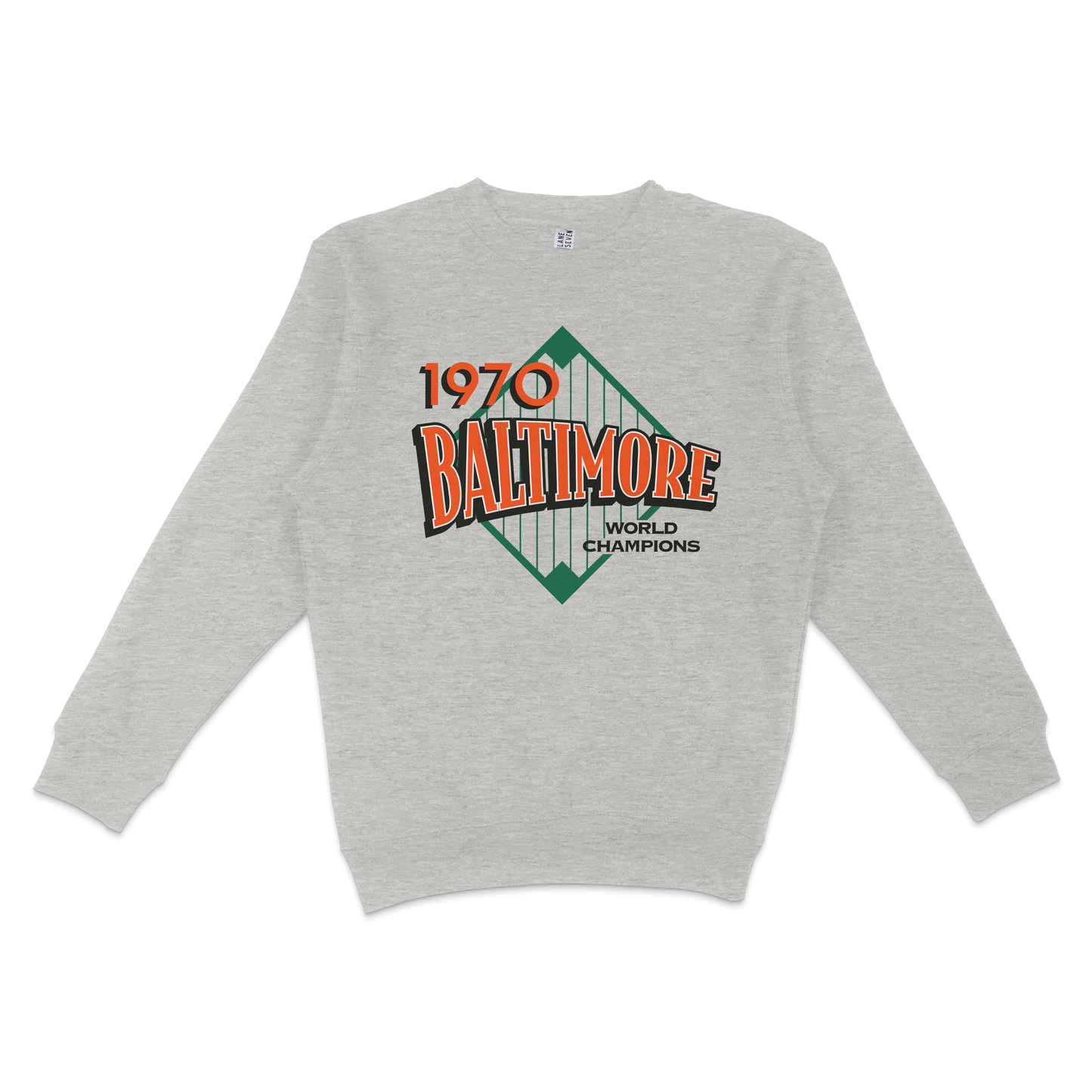 Gray crewneck sweatshirt featuring a Baltimore 1970 World Champions graphic with a green diamond shape and bold red and black text.