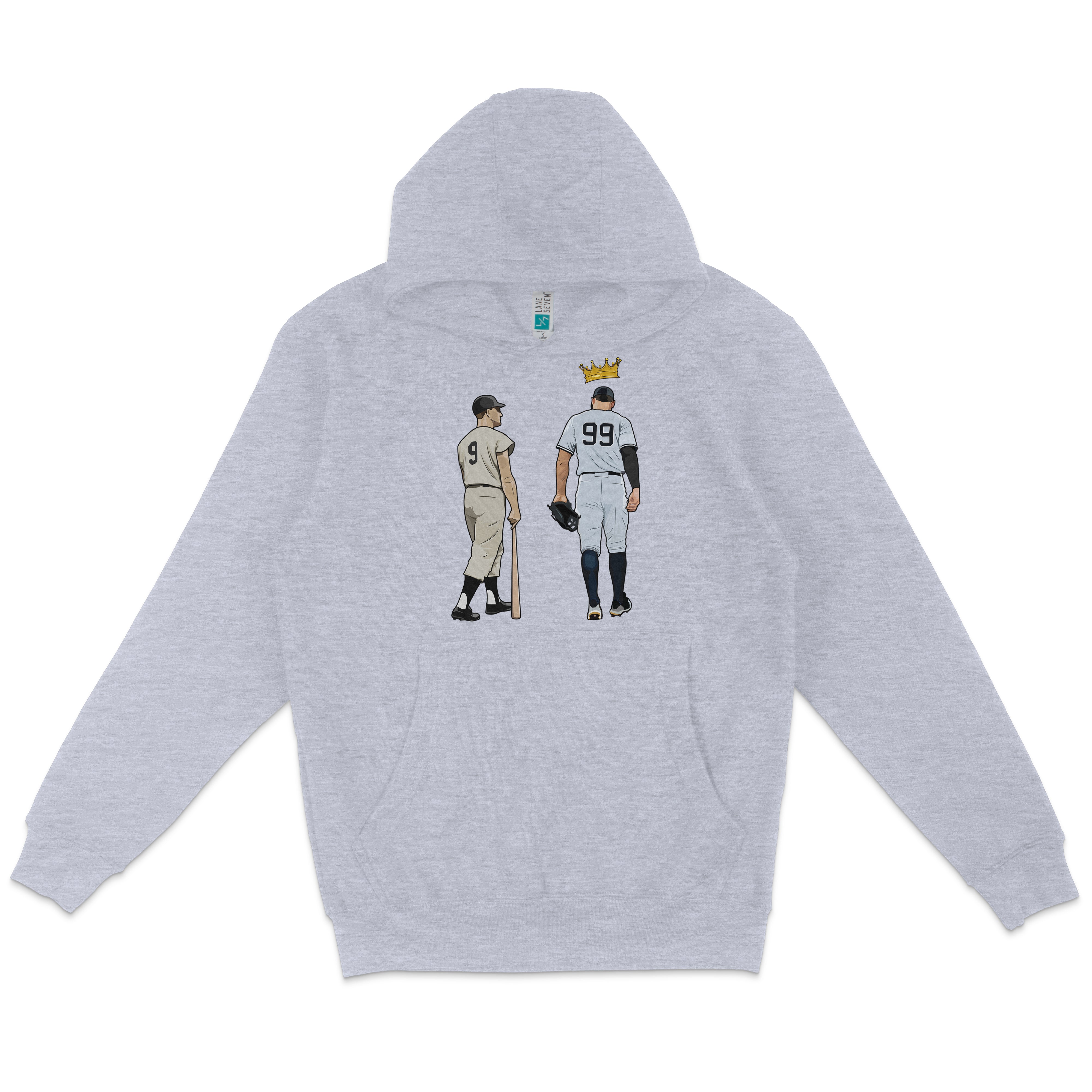 Light gray pullover fleece hoodie featuring a graphic of two baseball players, one with a crown, both wearing jerseys with "99".