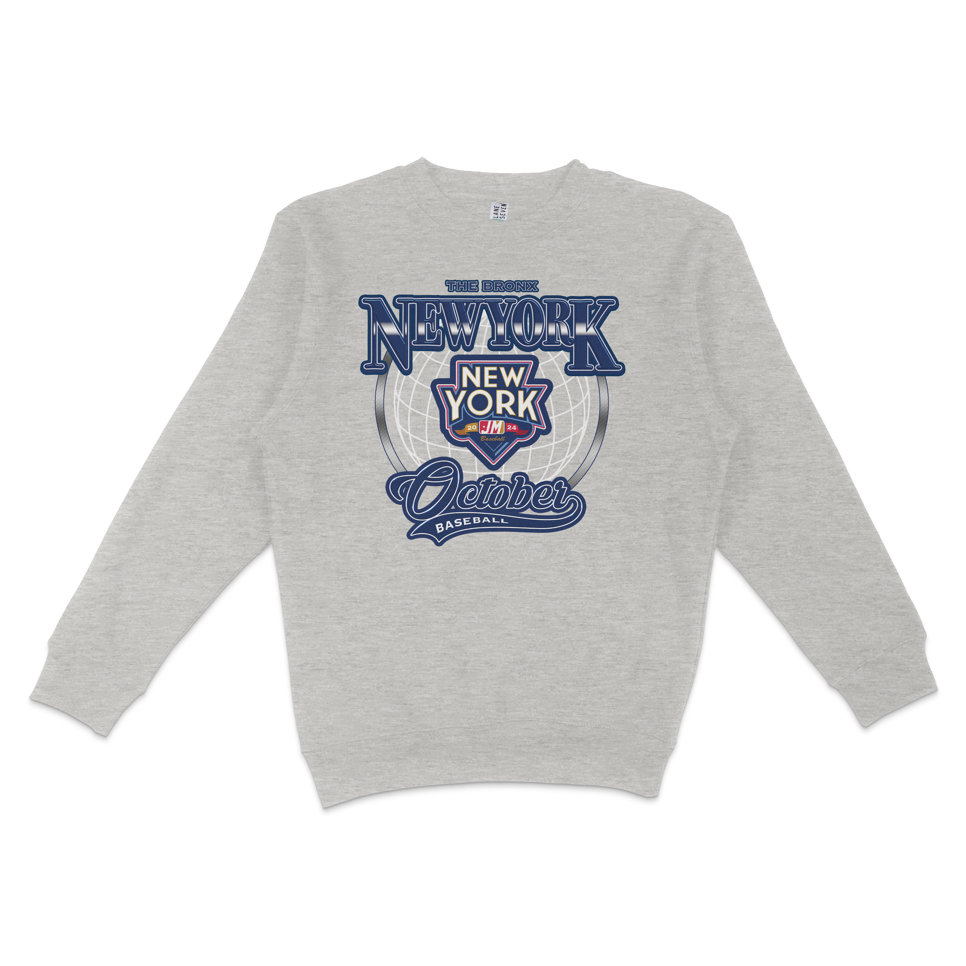 Gray crewneck sweatshirt featuring a colorful graphic design with "October," "New York," and baseball-themed text and graphics.
