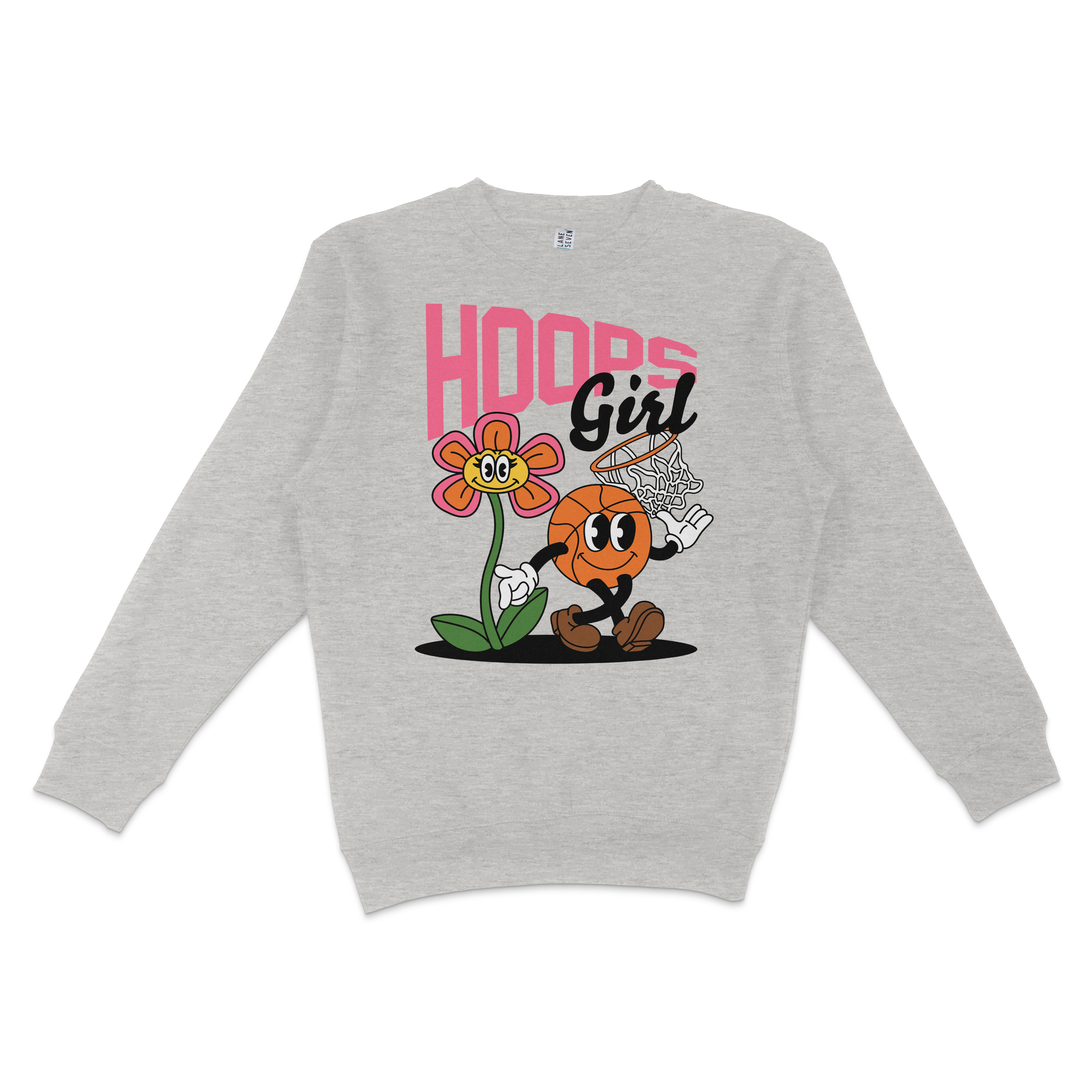Gray crewneck sweatshirt featuring a colorful cartoon basketball character, flower, and the text "Hoops Girl" design.