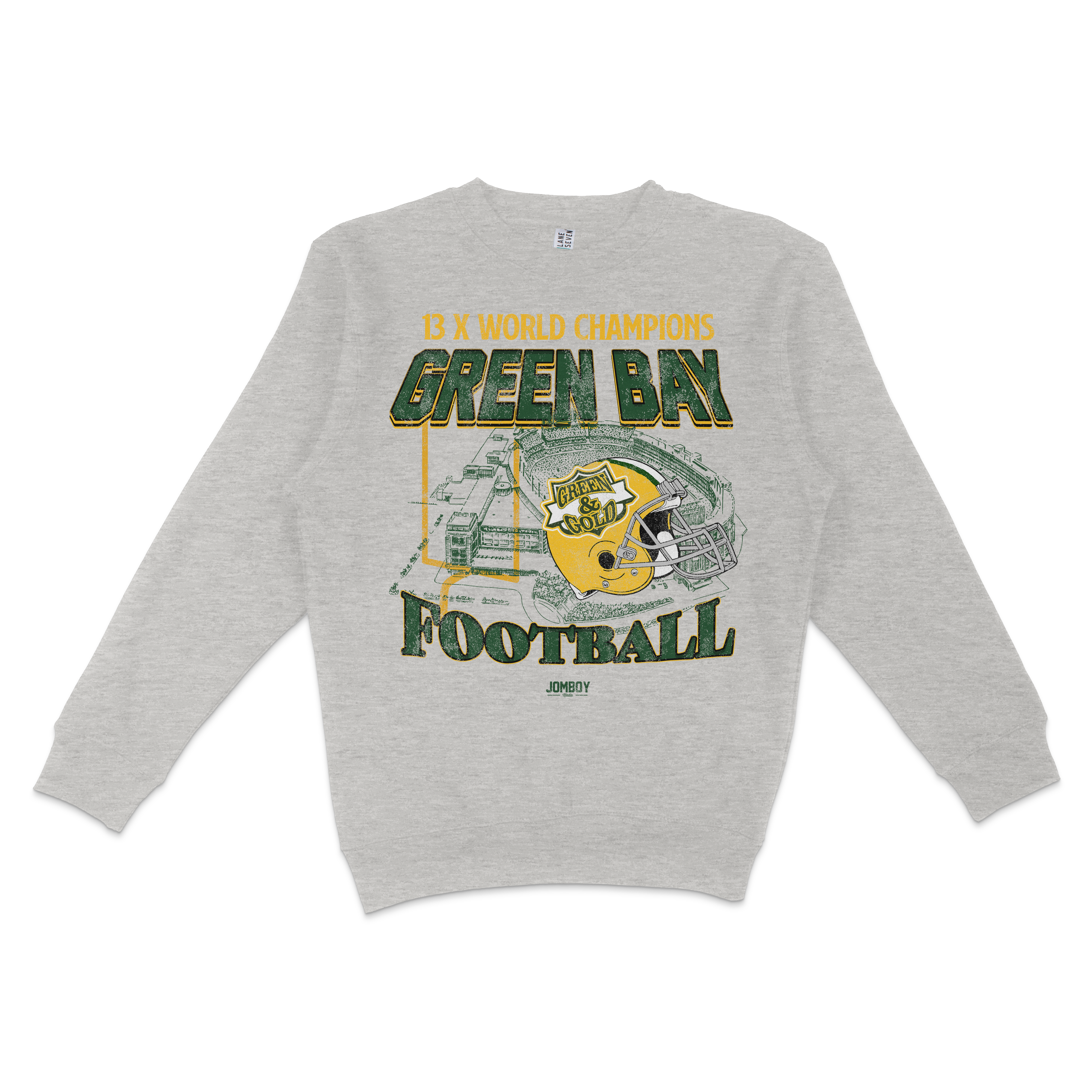 Gray crewneck sweatshirt featuring bold green and yellow text celebrating 13x World Champions Green Bay Football, with a football helmet and stadium graphic.