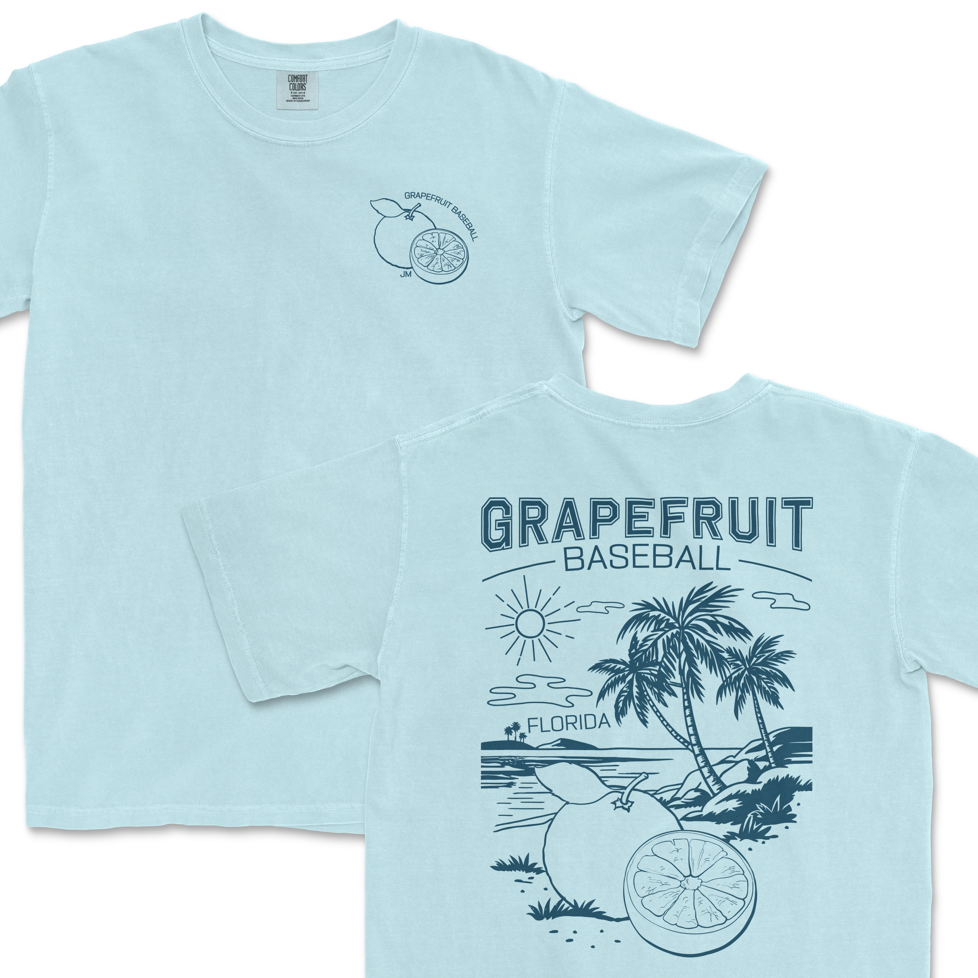 Light blue Comfort Colors tee featuring a grapefruit baseball design, palm trees, and "Grapefruit Baseball 2025" text.