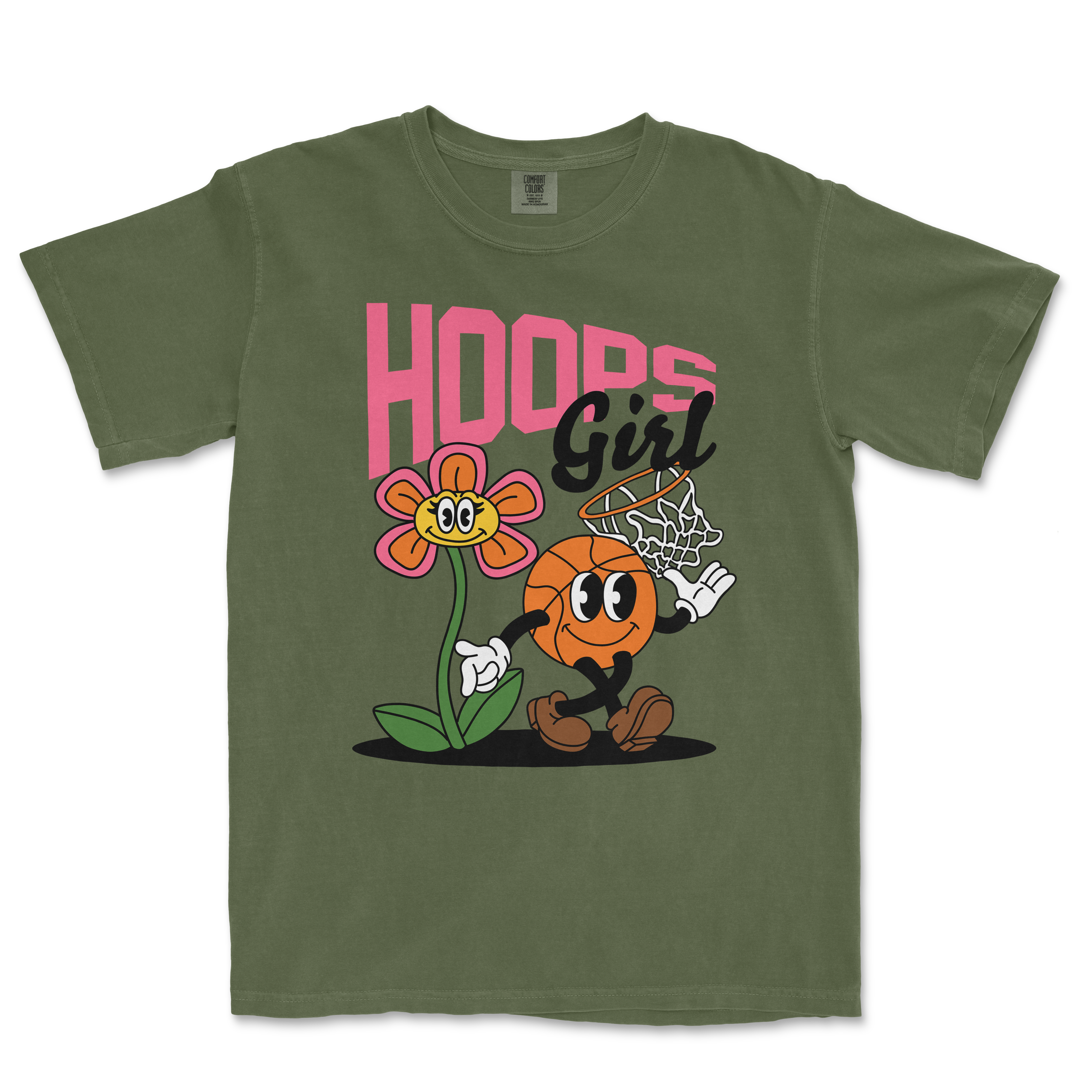 Green Comfort Colors tee featuring a cartoon basketball character playing basketball next to a smiling flower, with "Hoops Girl" text.