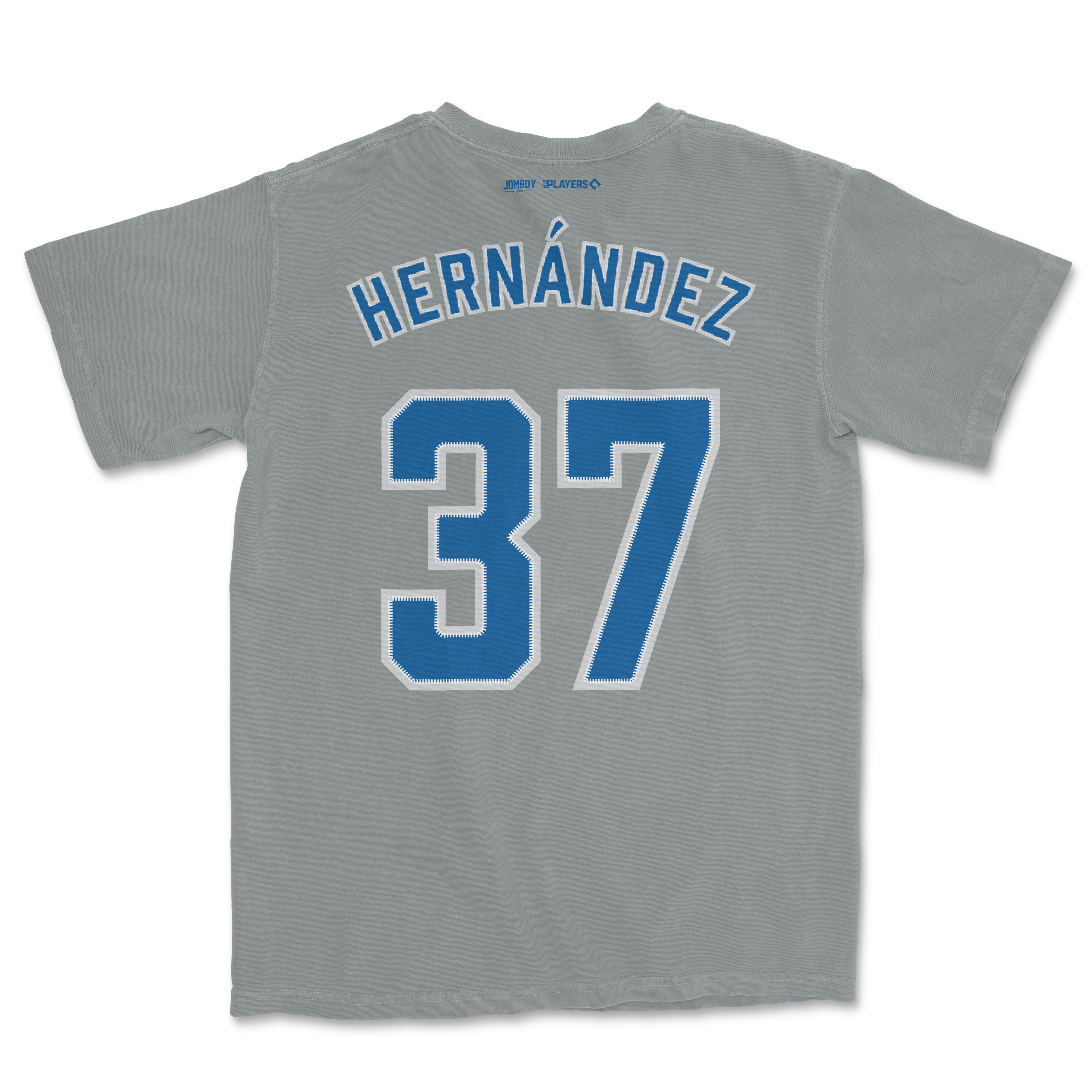 Gray Teoscar Hernandez baseball jersey with blue and white stitched name "HERNÁNDEZ" and number "37" on the back.