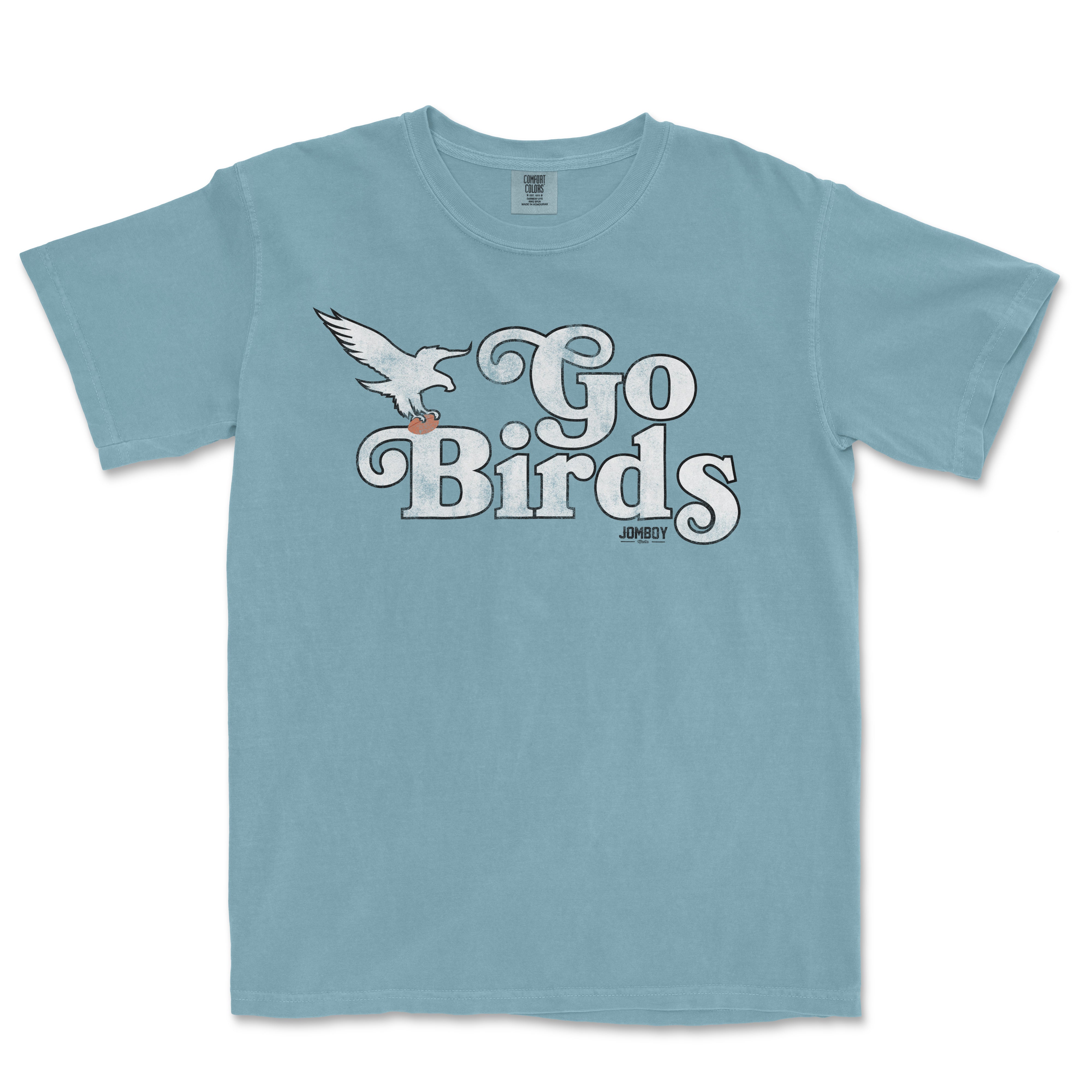 Light blue vintage Comfort Colors® T-shirt with a "Go Birds" graphic featuring a flying bird and bold text.
