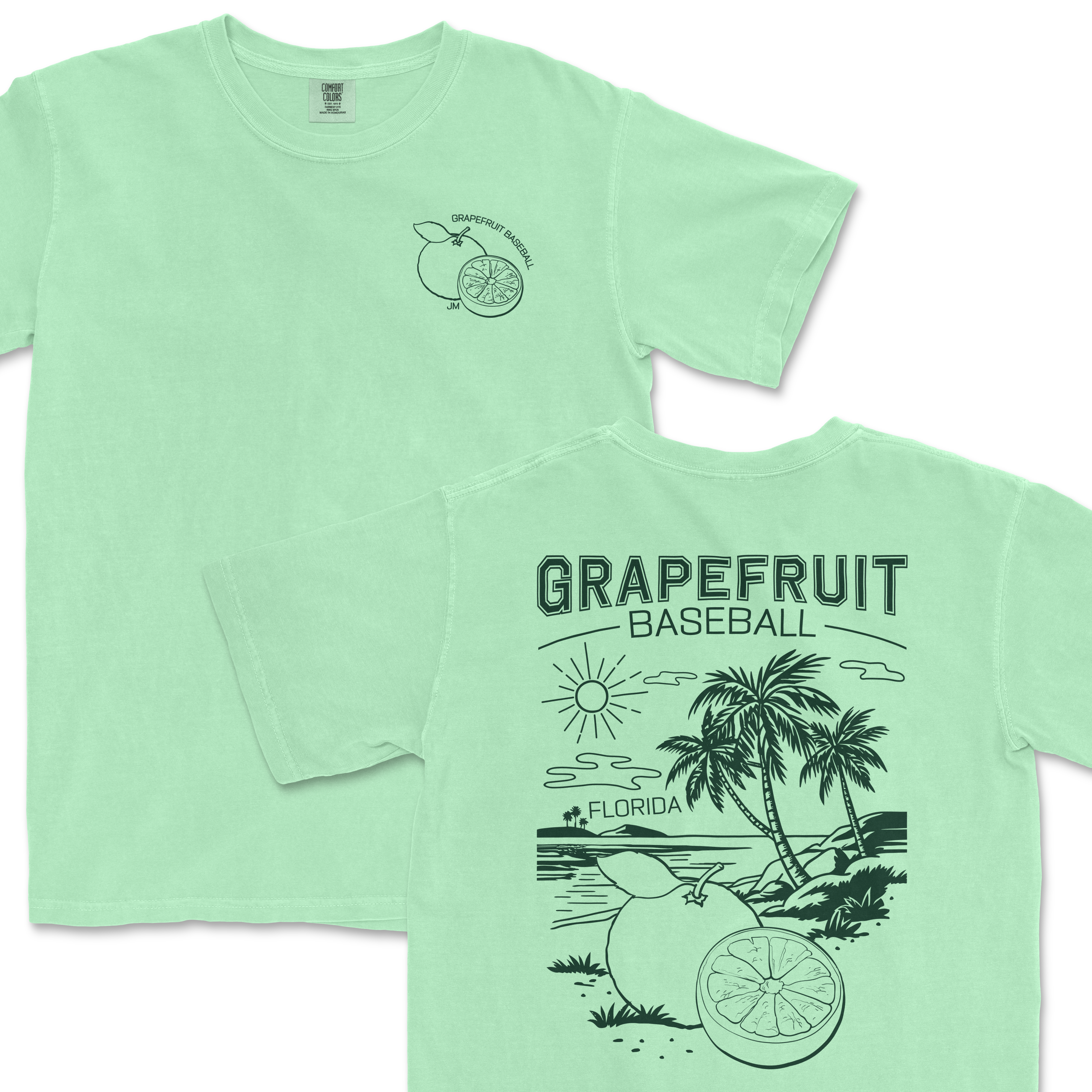 Light green Comfort Colors tee featuring a grapefruit and baseball graphic, with "Grapefruit Baseball 2025" text and Florida scenery.