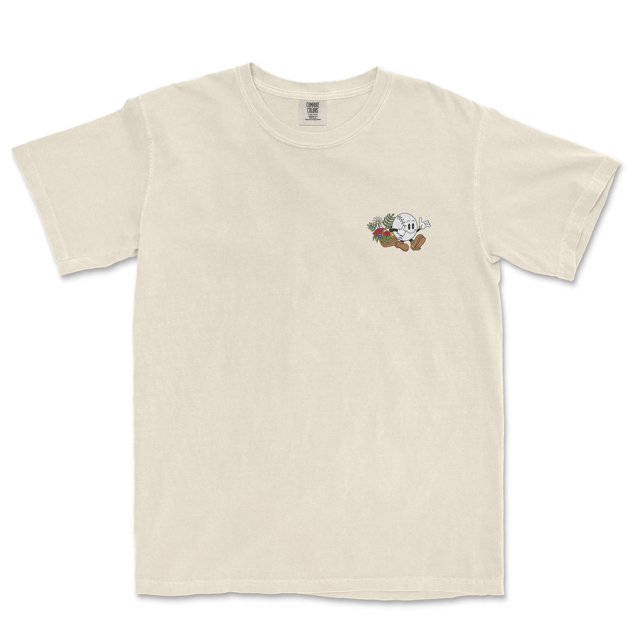 Comfort Colors tee featuring a small baseball girl graphic with flowers on the upper left chest.