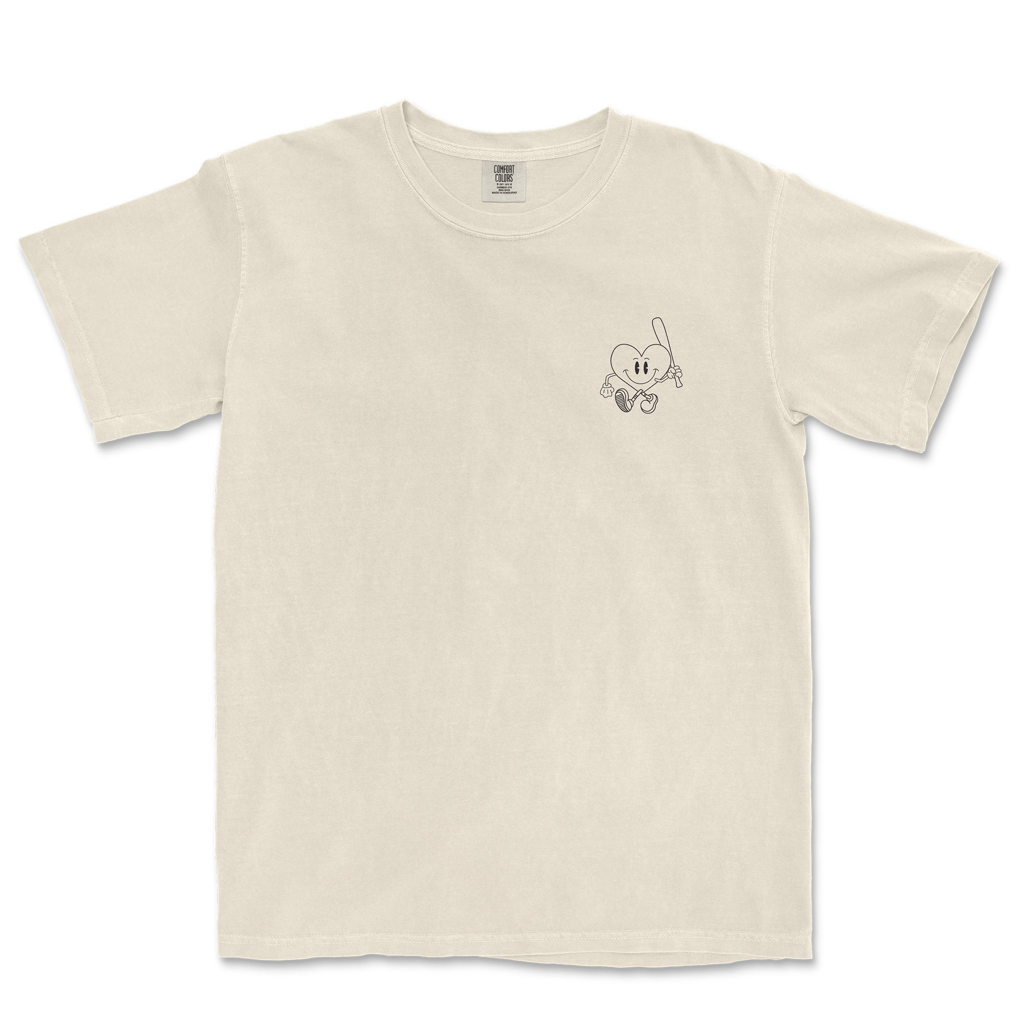 Beige Comfort Colors T-shirt featuring a small, black line drawing of a smiling heart character holding a fishing rod on the front.