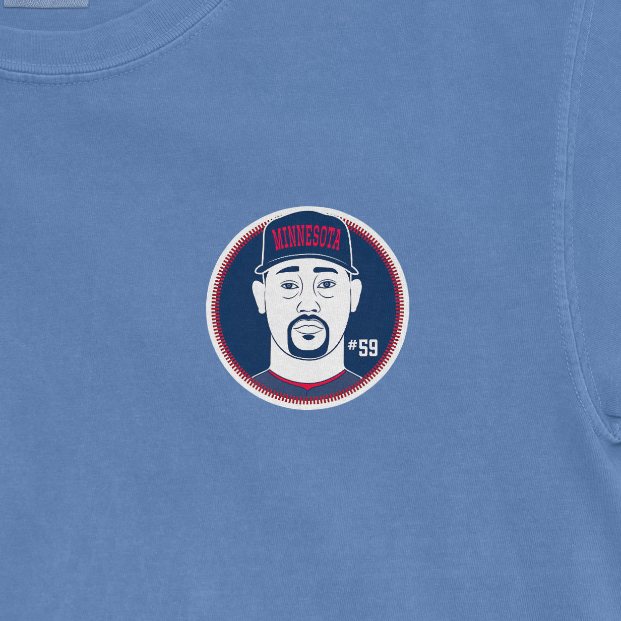 Blue Comfort Colors tee featuring a Jhoan Duran illustration, Minnesota cap, and #59 number graphic.