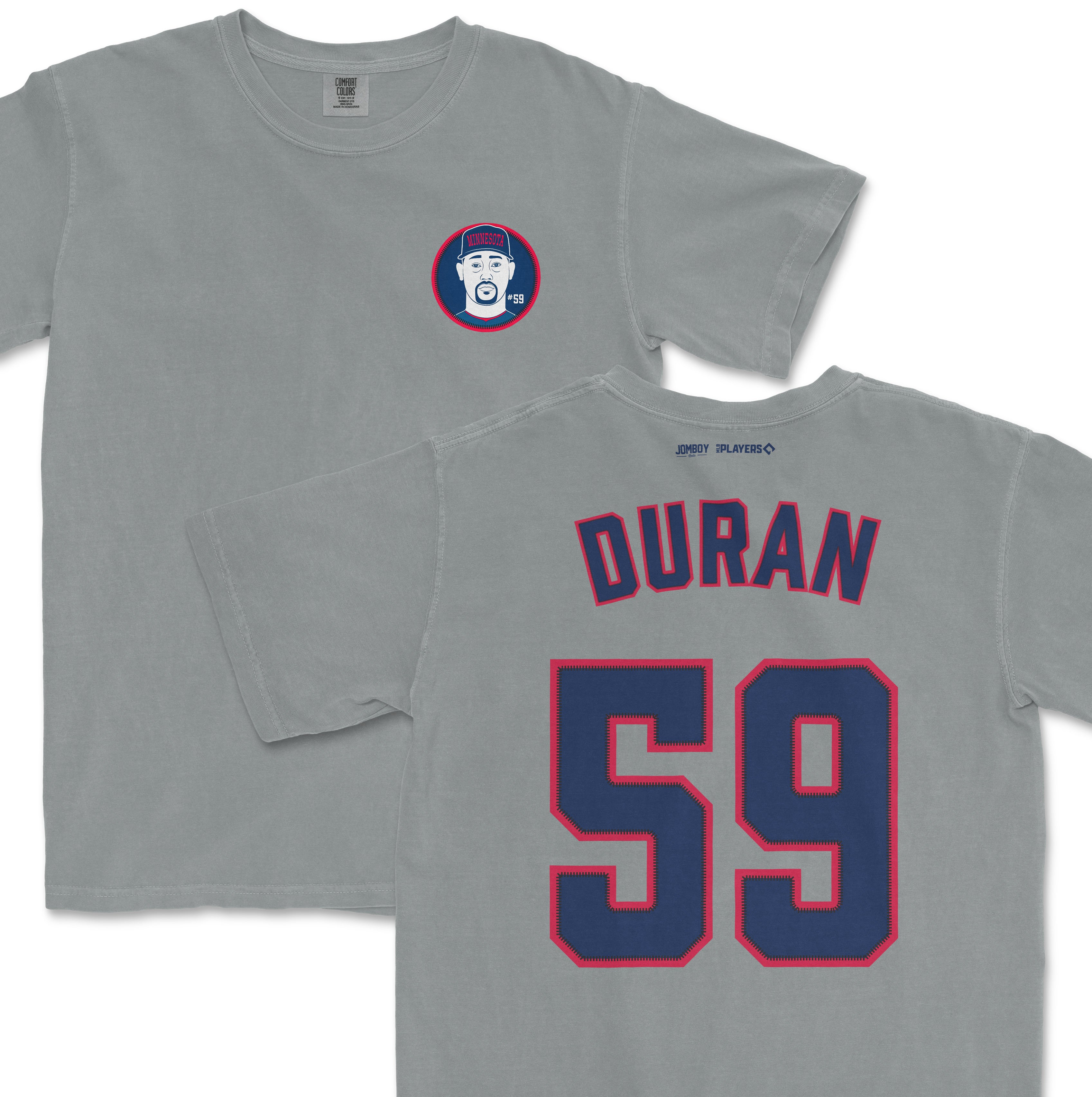 Gray Comfort Colors tee featuring a Jhoan Duran baseball jersey design with his name, number 59, and a team logo on the front.