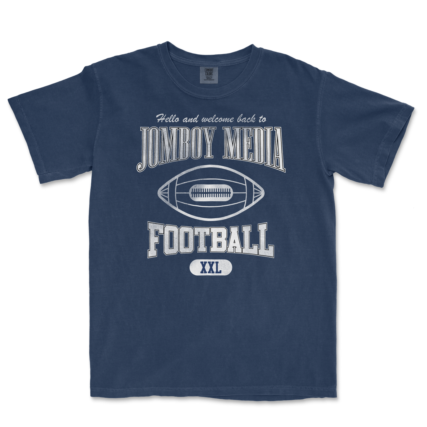 Navy blue t-shirt featuring "Hello and Welcome Back" and "Jomboy Media Football" with a football graphic, size XXL.