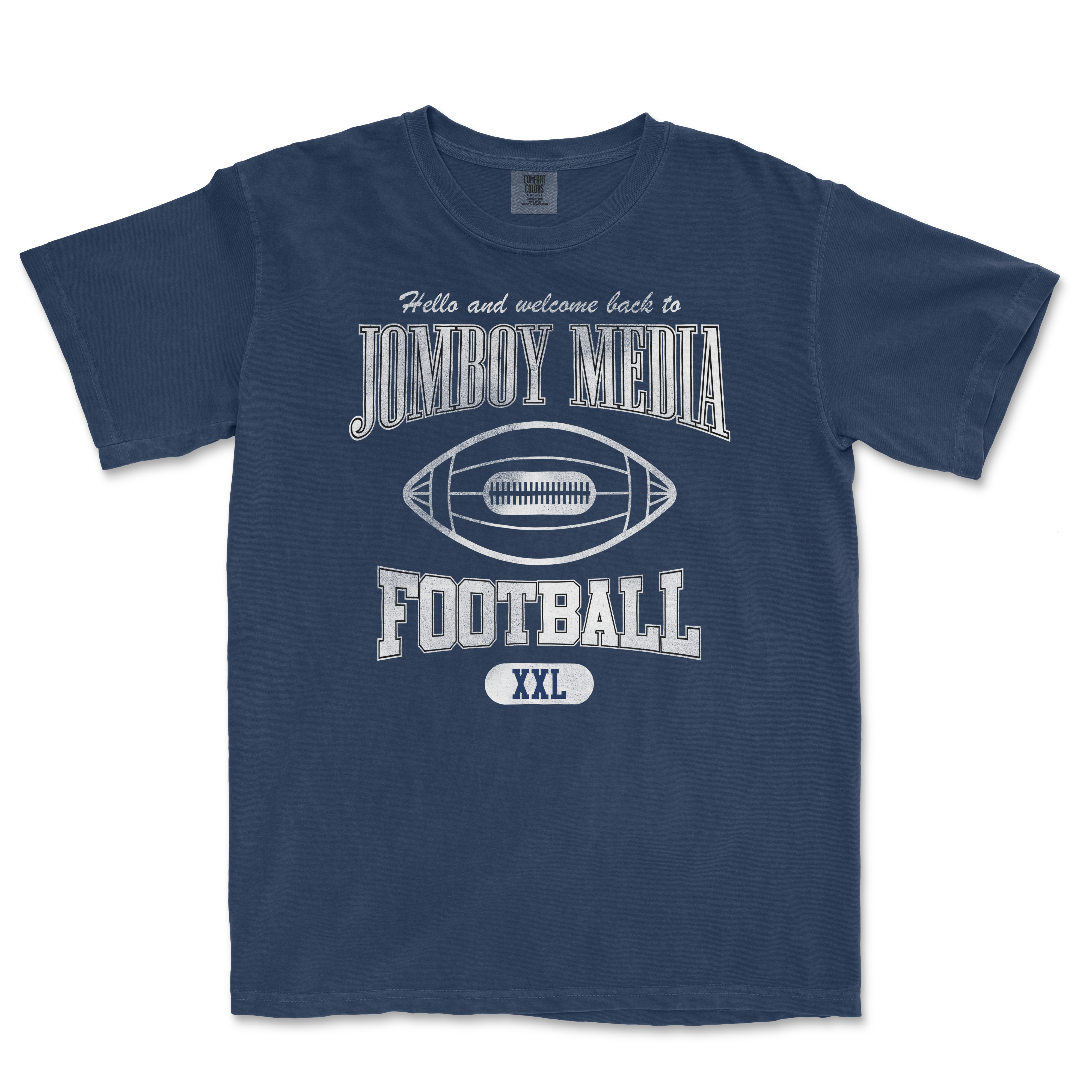 Navy blue t-shirt featuring "Hello and Welcome Back" and "Jomboy Media Football" with a football graphic, size XXL.