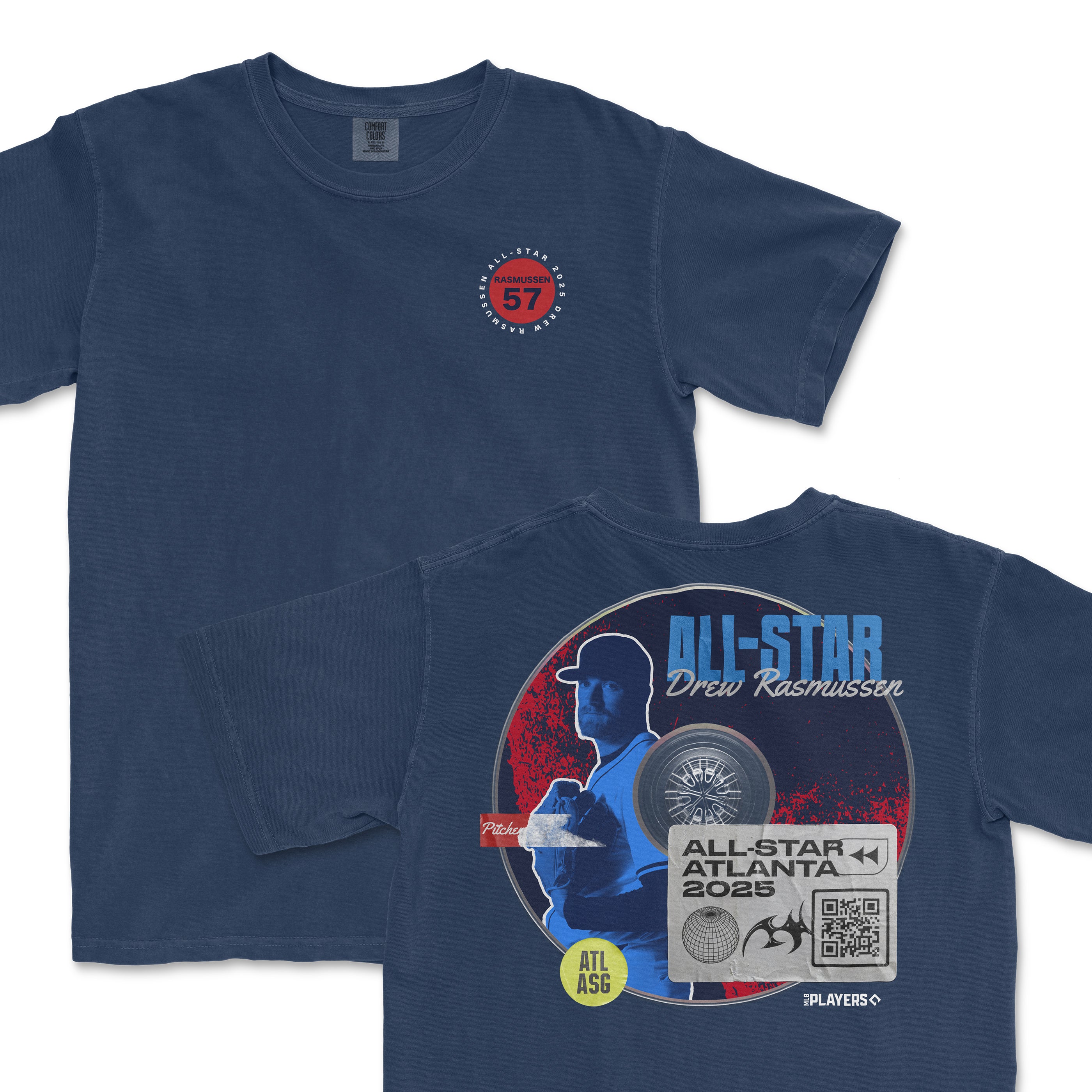 Navy t-shirt featuring Drew Rasmussen's All-Star 2025 design with graphics and QR code for Atlanta event.