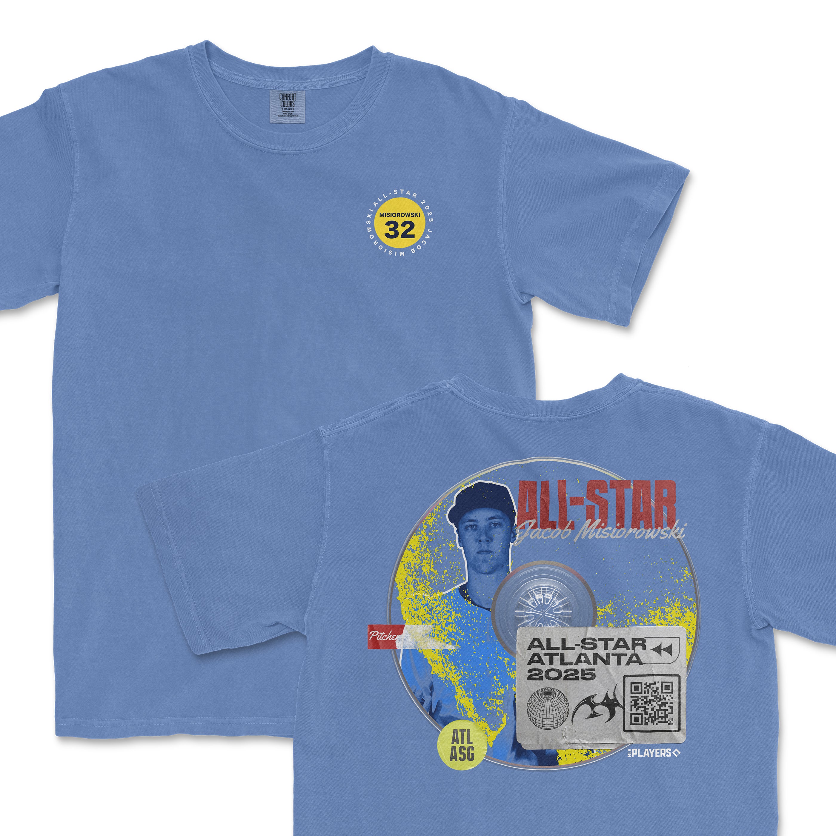Light blue t-shirt featuring Jacob Misiorowski's All-Star 2025 graphic, showcasing a circular design and player details.