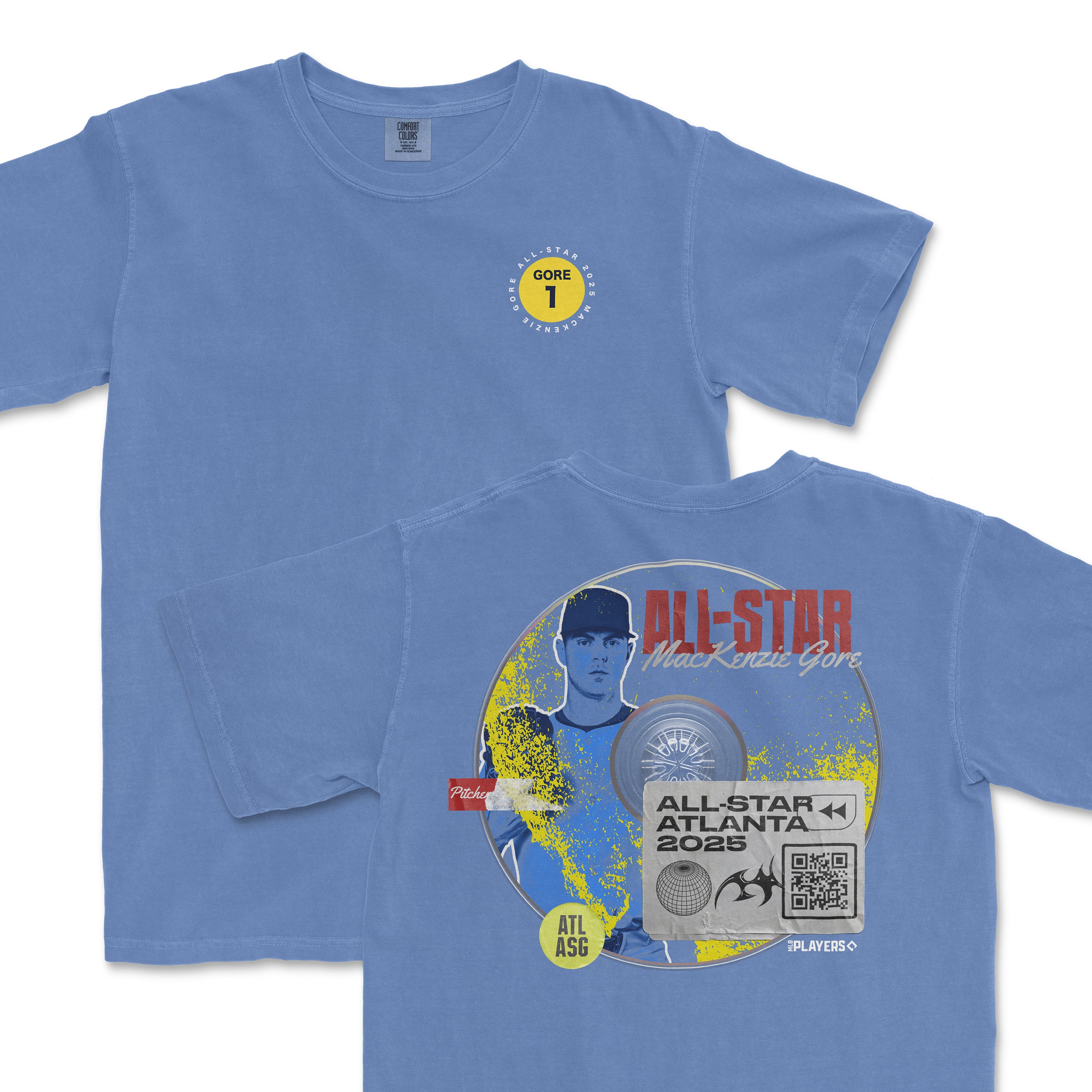 Light blue t-shirt featuring MacKenzie Gore's All-Star 2025 graphic on the back and a small logo on the front.